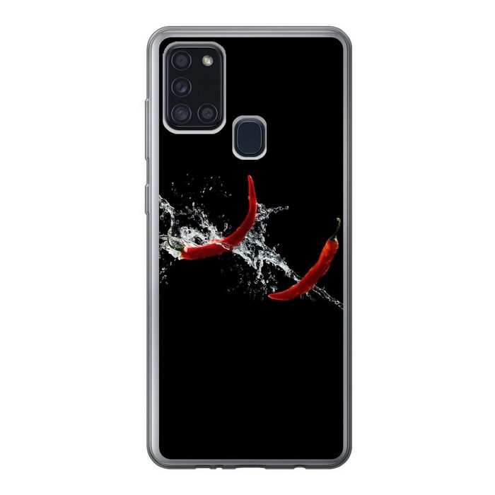 MuchoWow Handyhülle Chilischote - Stilleben - Wasser - Schwarz - Rot Handyhülle Samsung Galaxy A21s Smartphone-Bumper Print Handy