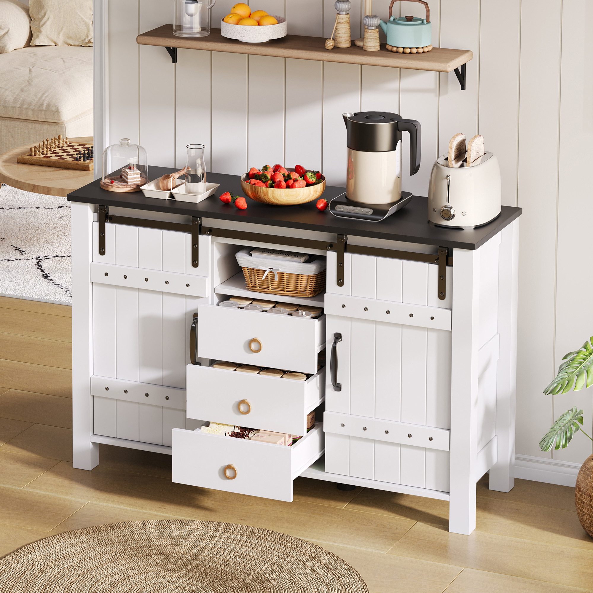 Odikalo Sideboard Anrichte Essschrank Küchenschränke Stauraum Schiebetür Schublade Weiß