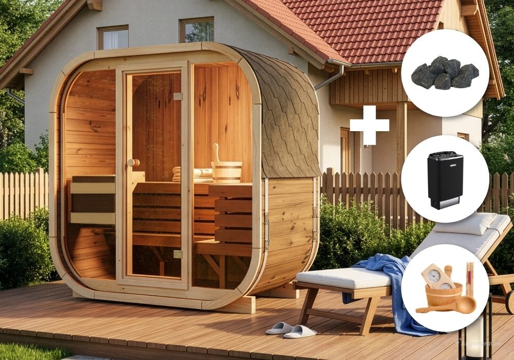 FinnTherm Fasssauna Comfort Set Ellipso M, BxTxH: 195 x 113 x 210 cm, 42 mm, (Set) in Naturbelassen Inkl. Fußboden