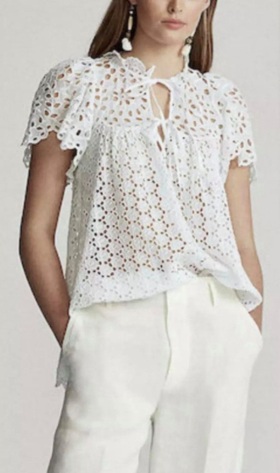 Polo Ralph Lauren Blusentop Broderie Anglaise Tied Mit Bindung - Mandarin-Kragen - Struktur in Laise