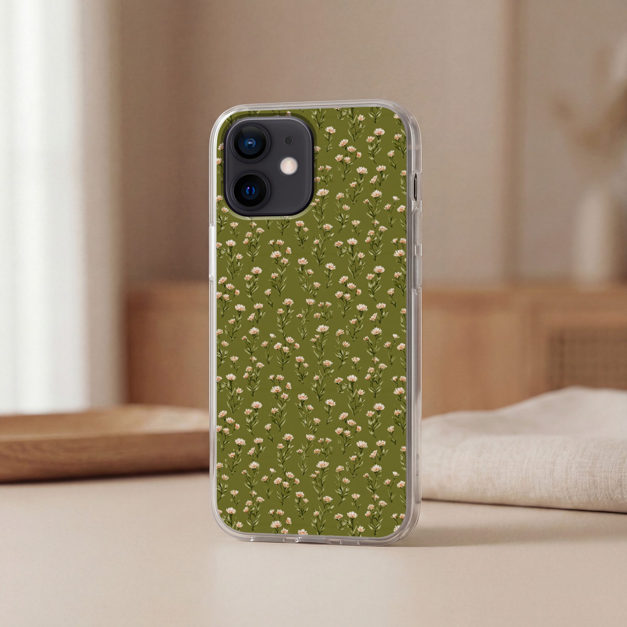MuchoWow Handyhülle für Apple iPhone 12 Mini Rustikal - Blumen - Grün, Smartphone-Bumper, Print, Handy Schutzhülle Dünn