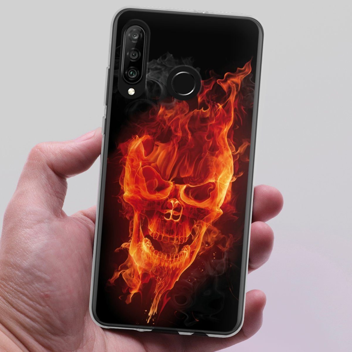 DeinDesign Handyhülle Totenkopf Feuer Schädel Burning Skull, Huawei P30 Lite Premium Silikon Hülle Bumper Case Handy Schutzhülle