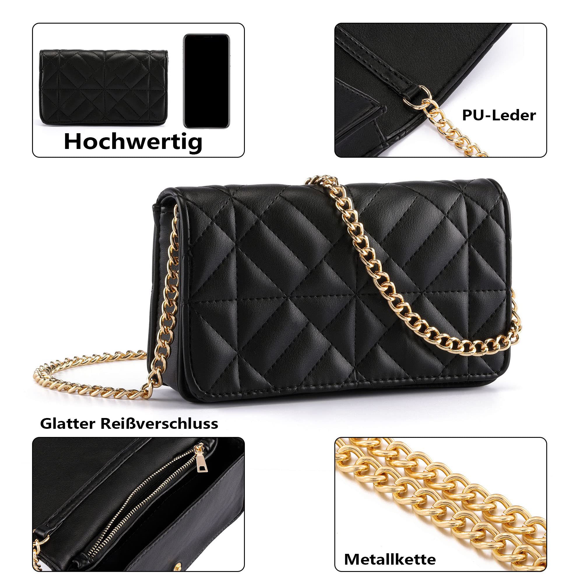 Zaewry Umhängetasche Damen Handy Umhängetasche Kleine Abendtasche Handtasche, Mini-Umhängetasche,Kleine, dicke Umhängetasche,Mit Goldkette
