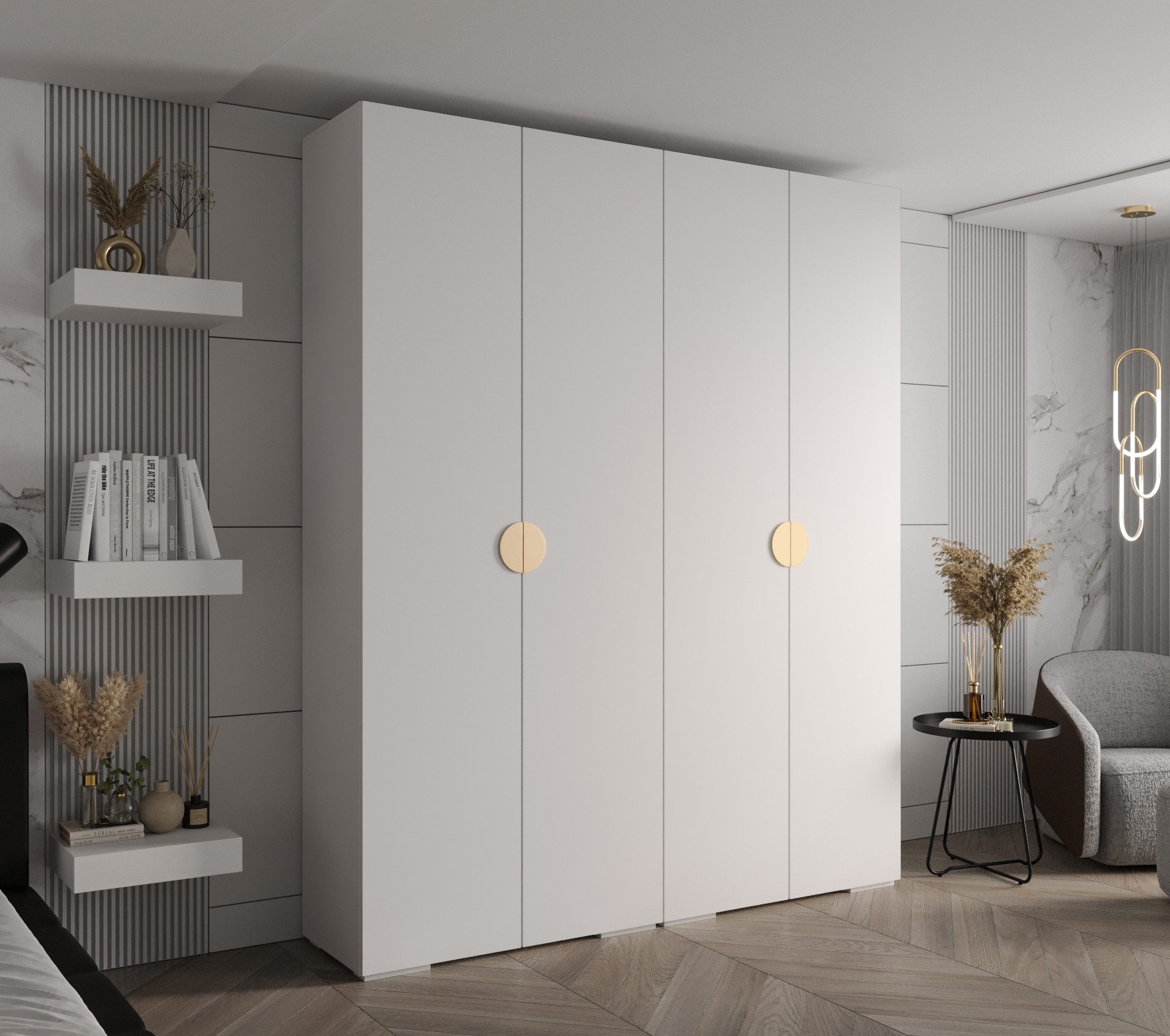 MOEBLO Schrankmodule IVONA 4 (goldene Griffe, elegante Garderobe, glamouröser Stil, Schrank Garderobe Schiebtüren Schlafzimmer, Modularer Kleiderschrank)