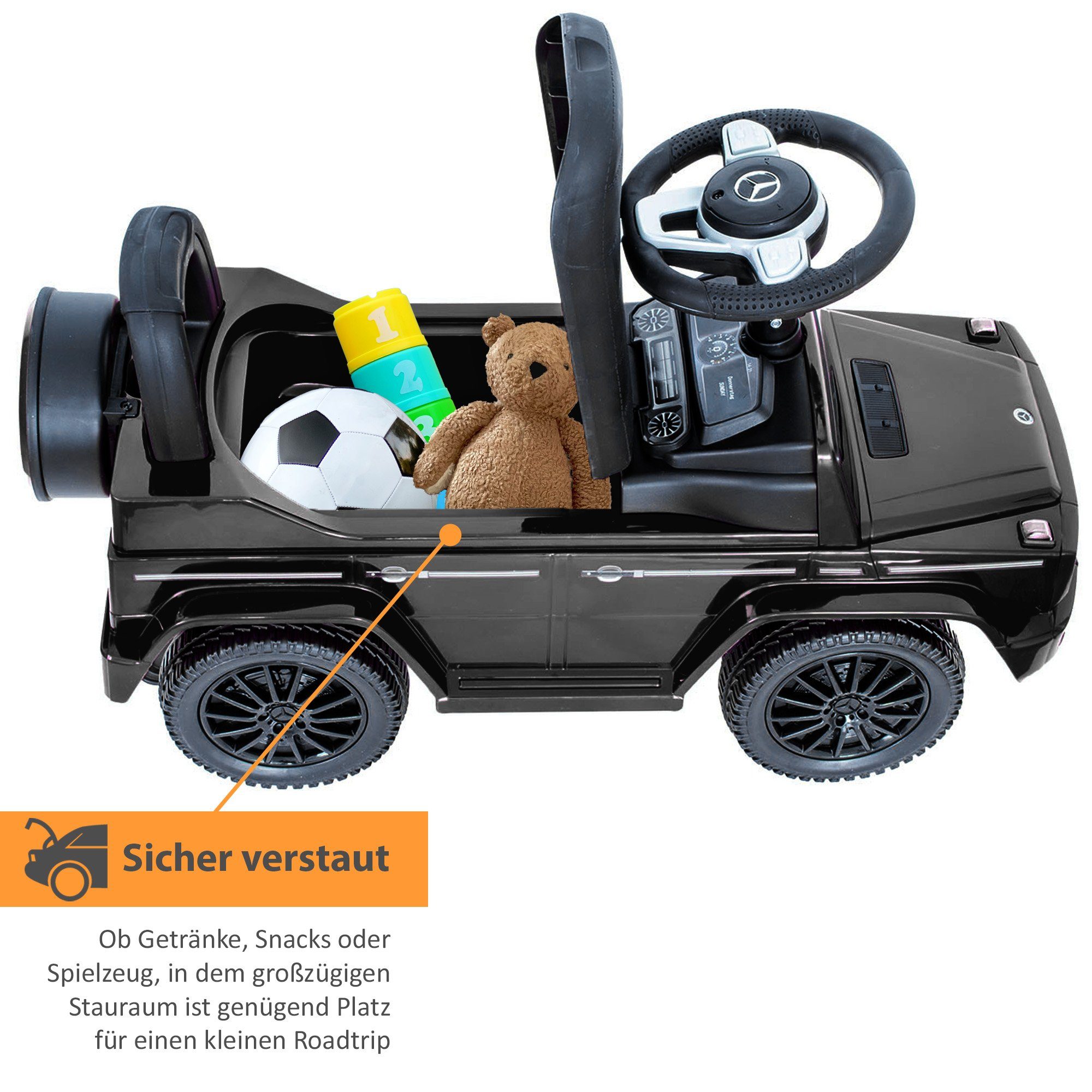 Lemodo Rutscherauto Babyrutscher Mercedes G350d, leiselaufende Kunststoffräder, mit Soundlenkrad – Bild 3 von 5