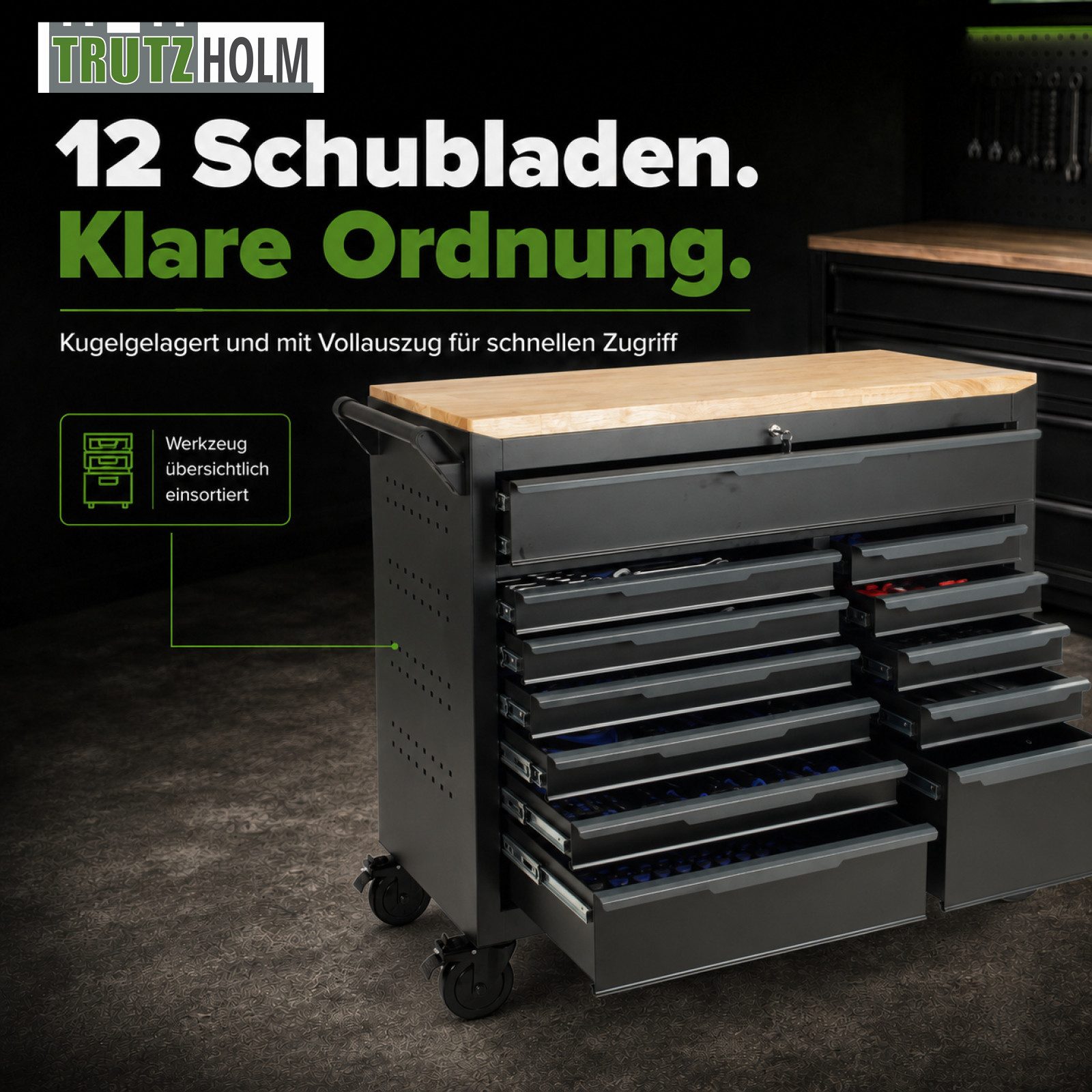 TRUTZHOLM Werkstattwagen bestückt 103 x 112 cm Stahl Hartholzarbeitsplatte 12 Schubladen, verschließbare Schubladen, max. Traglast:750 kg, (Artikel, 1-tlg), Robustes Design