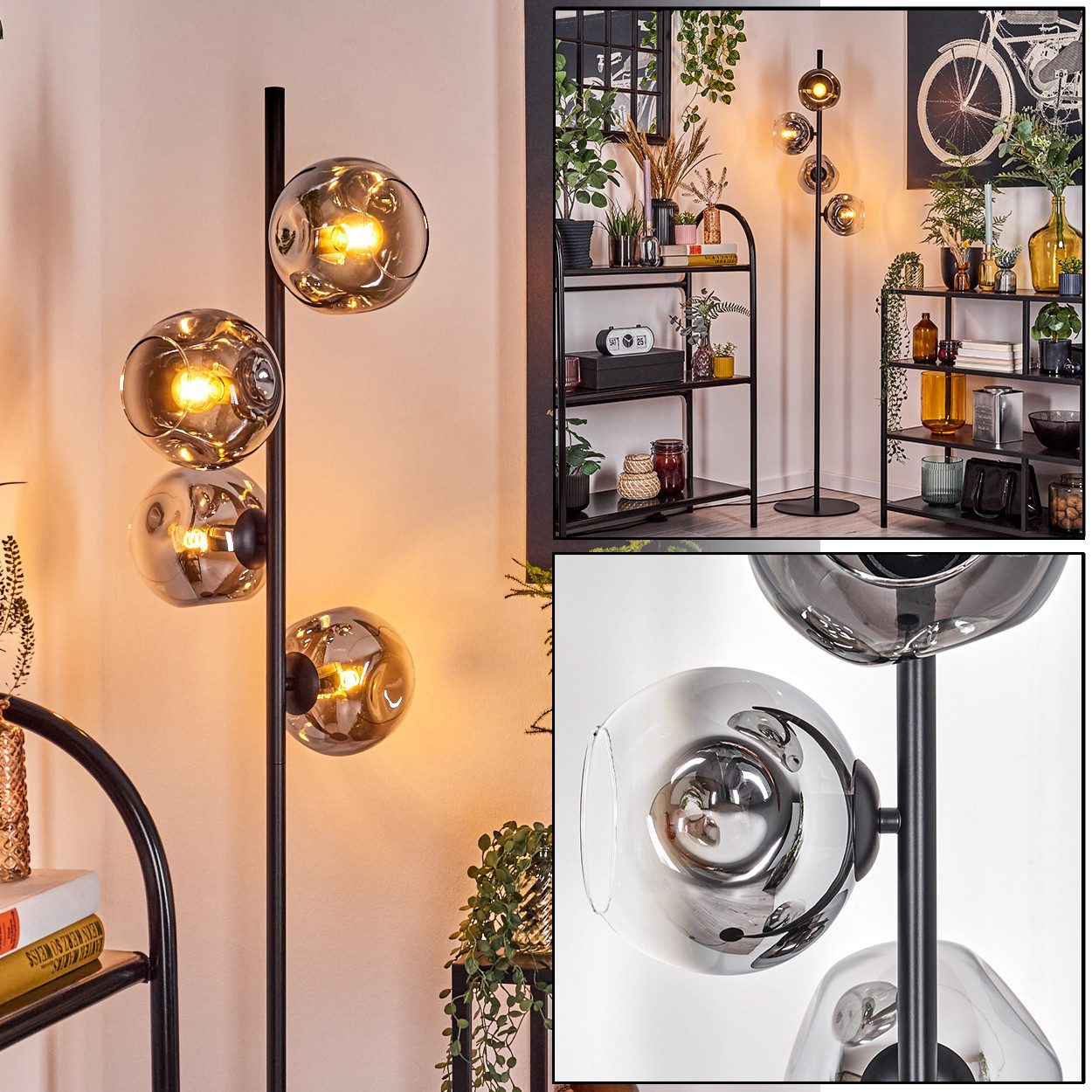 Stehlampe Stehlampe aus Metall/Glas in Schwarz/Chrom/Rauch/Klar mit Fußschalter