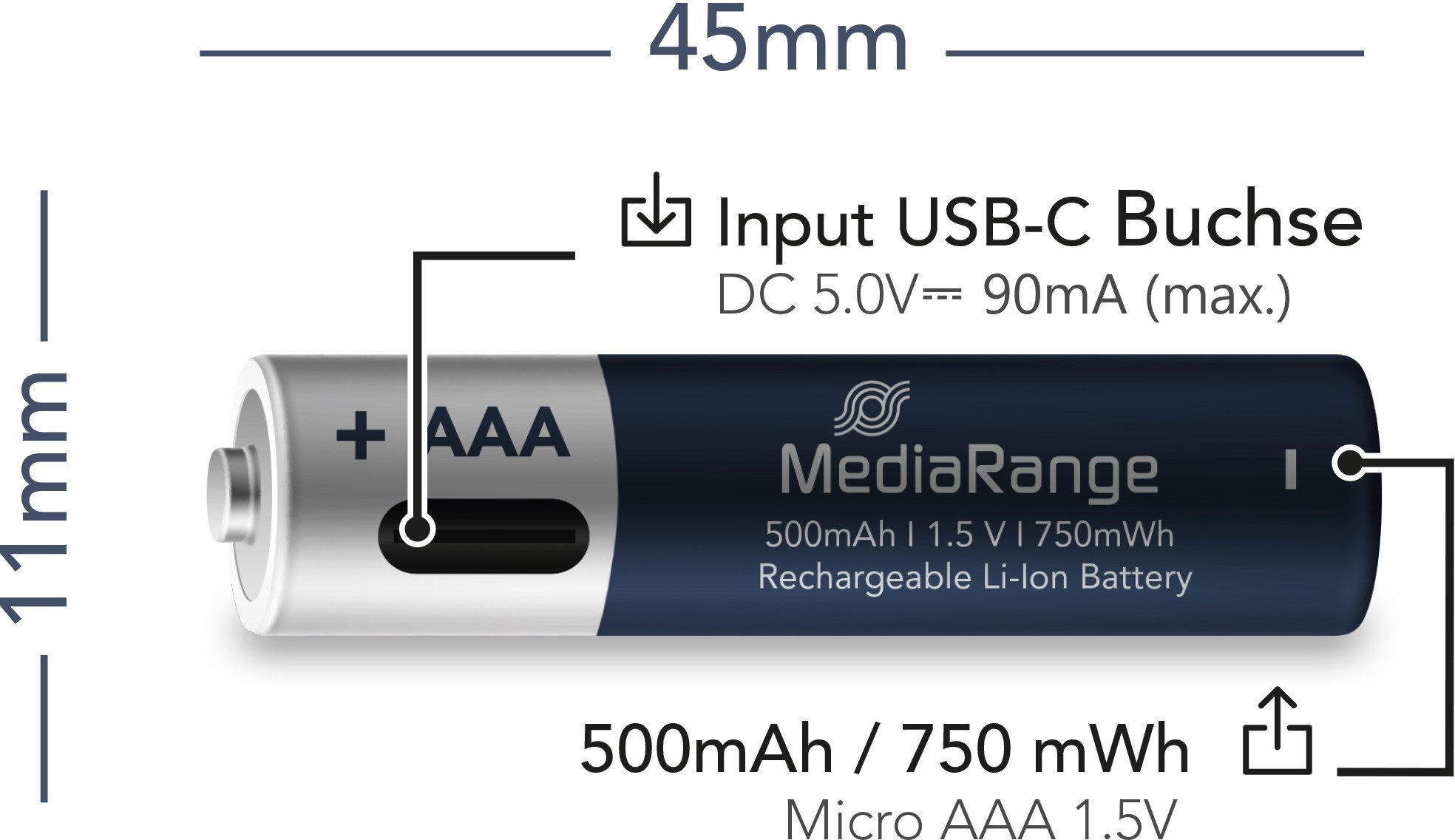 Mediarange 4 Akku AAA mit USB-C Anschluss Li-Ion Micro 1.5V 500mAh Ladekabel Akkupacks