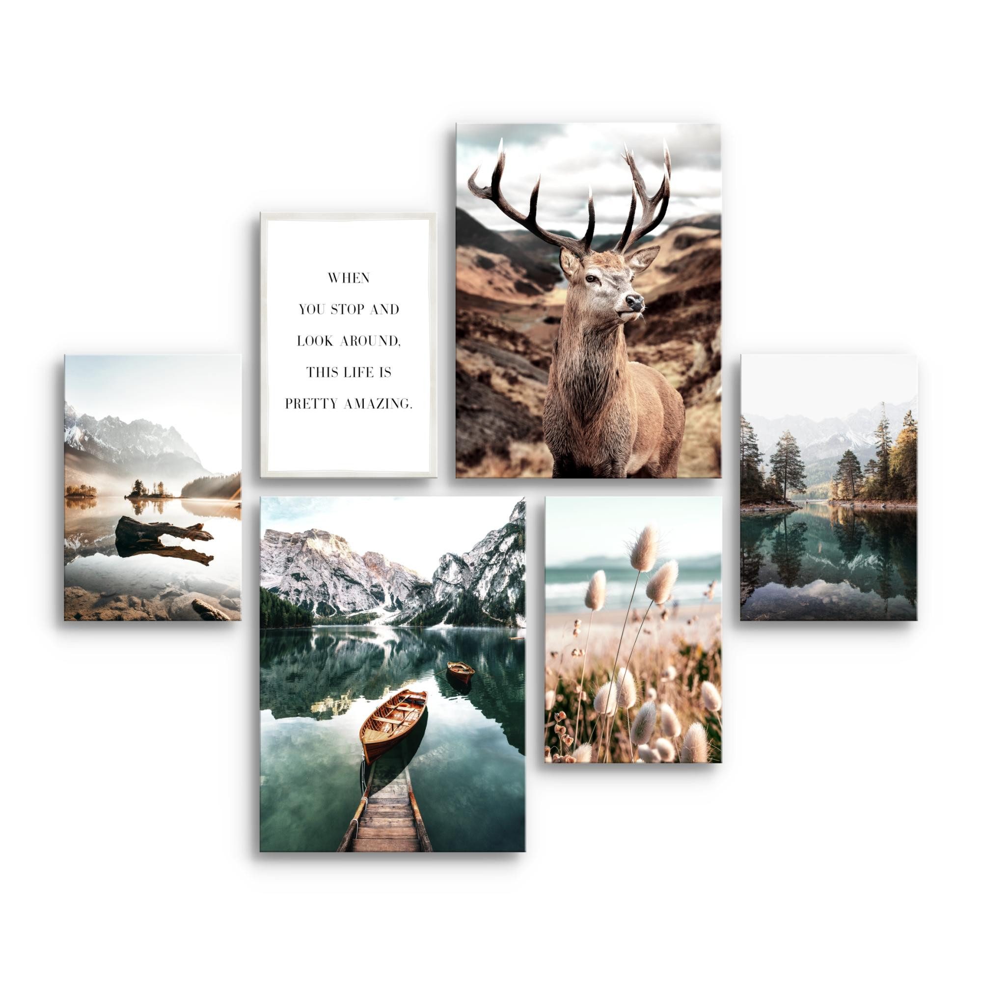 Novart Wandbild Wandbilder Set Wohnzimmer Wald Hirsch Natur Berge