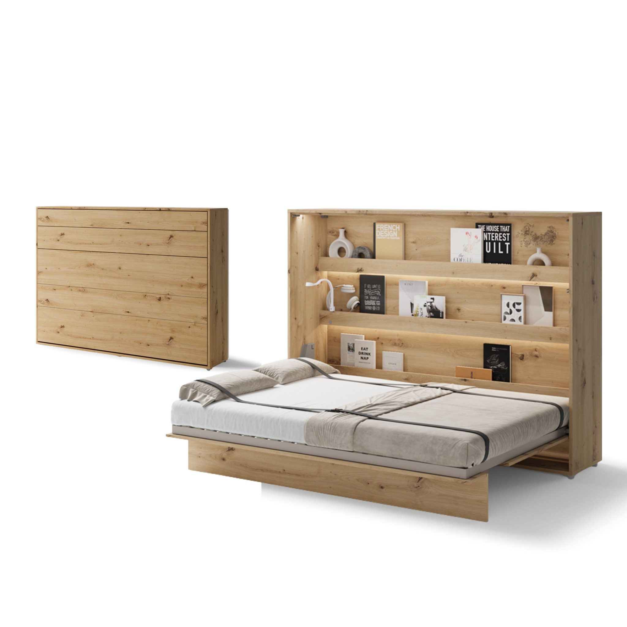 Friderik-EU Schrankbett Horizontal Wandklappbett Lenart Bed Concept - inklusive Trageservice (mit LED) Horizontal Wandklappbett mit pneumatischer Hebehilfe, Soft-Close