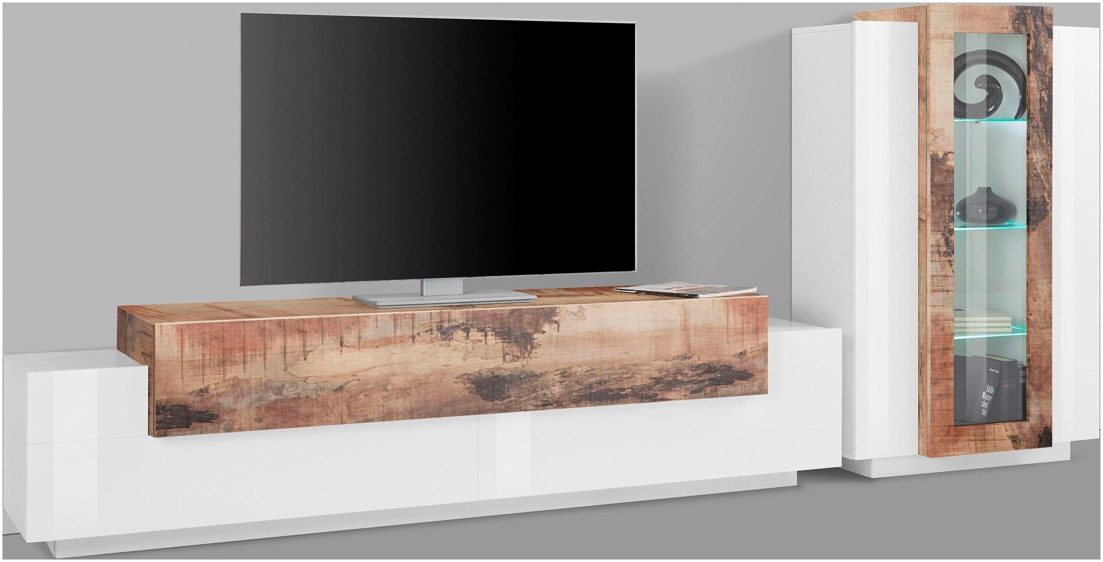 INOSIGN Wohnwand Coro, Anbauwand, Medienwand, (Set, 2-St), Lowboard 4 Fächer, Breite 200cm und Vitrine 3 Türen, Breite 80cm