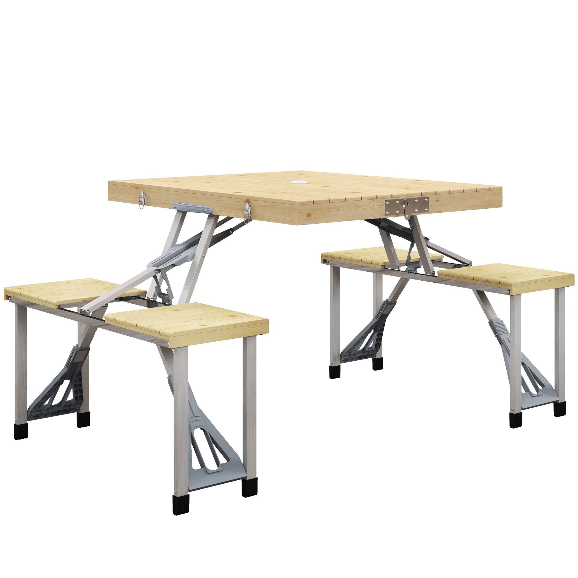 Outsunny Campingtisch Faltbarer Tisch mit Sitzbank und Schirmloch (Picknicktisch, 1-St., Sitzgruppe), für Terrasse, Hof, Tanne, Natur