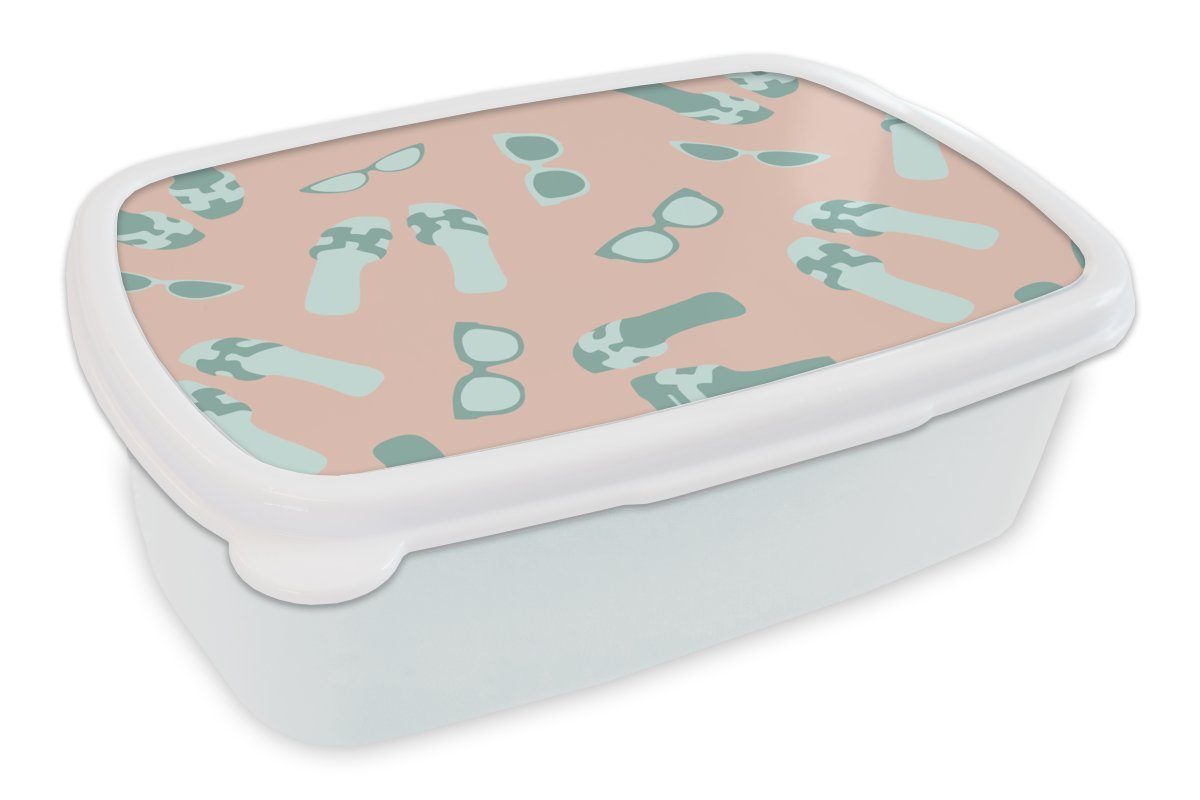 MuchoWow Lunchbox Sommer - Sonnenbrille - Hausschuhe - Pastellfarben, Kunststoff, (2-tlg), Brotbox für Kinder und Erwachsene, Brotdose, für Jungs und Mädchen weiß