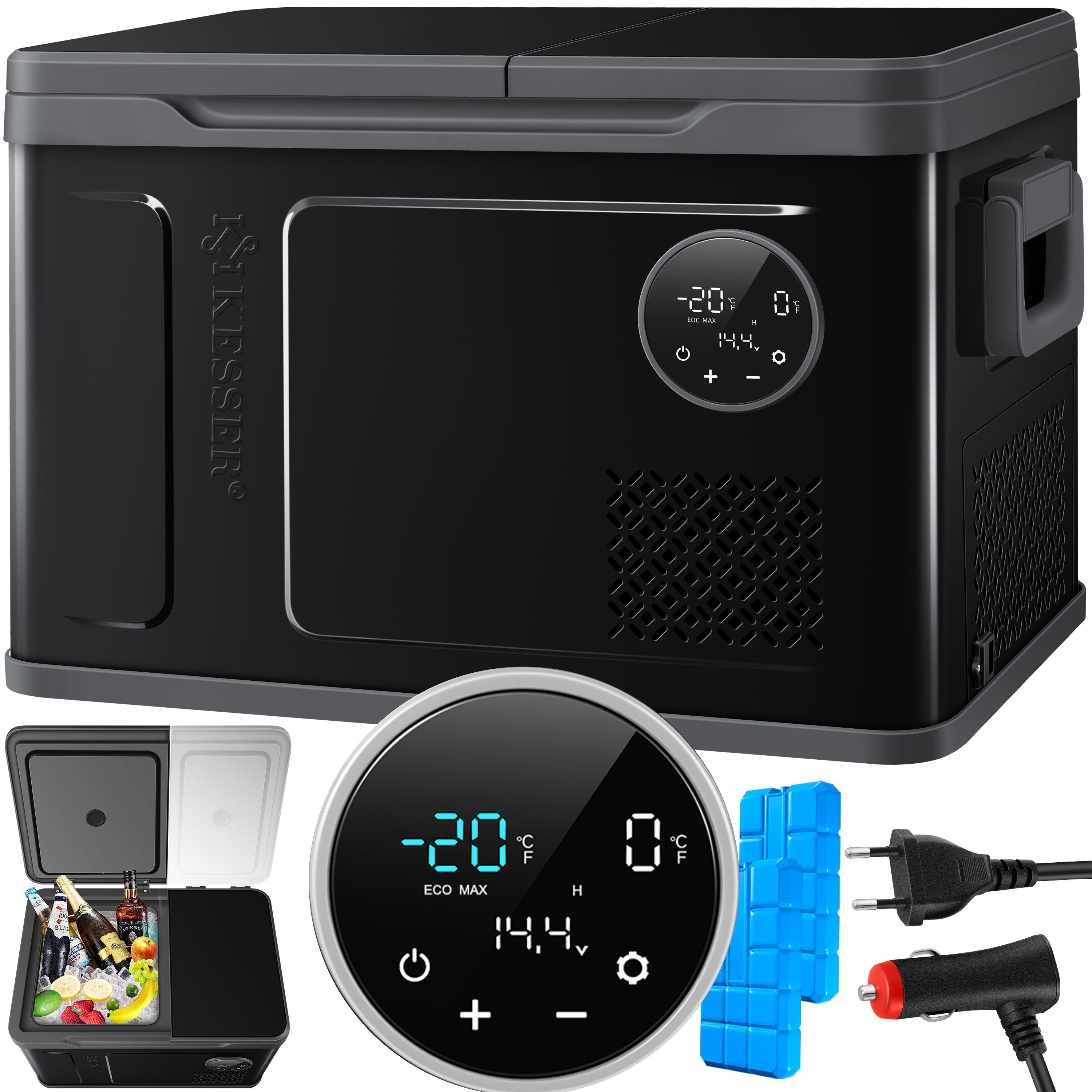 KESSER Kühlbox Kompressor 2in1 Doppelzone Kühl & Gefrierfach elektrische Gefrierbox, 49000 l, mit 2x Kühlakkus & LED-Touch-Bedienung Kühlschrank bis -20 °C