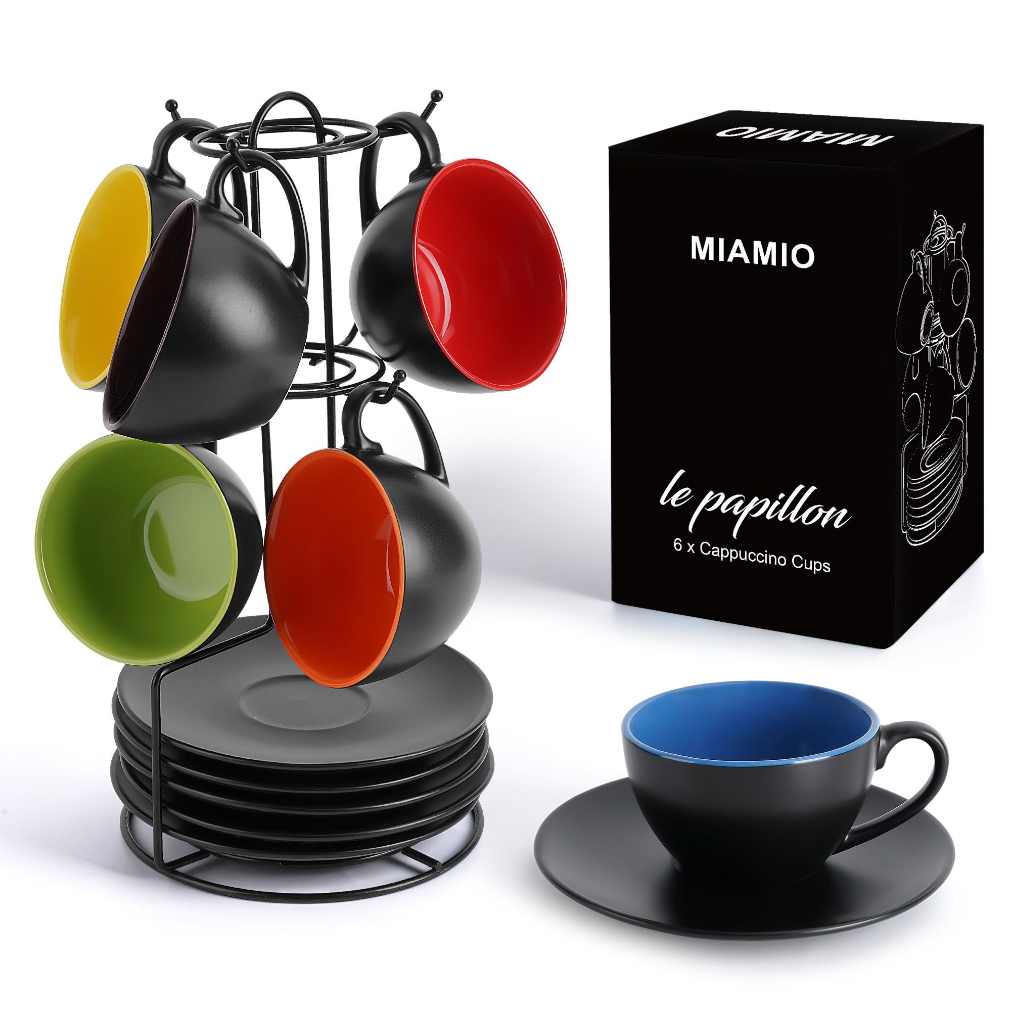 MiaMio Cappuccinotasse 6 x 175ml Cappuccino Tassen / Cappuccinotassen Set Innen Farbig