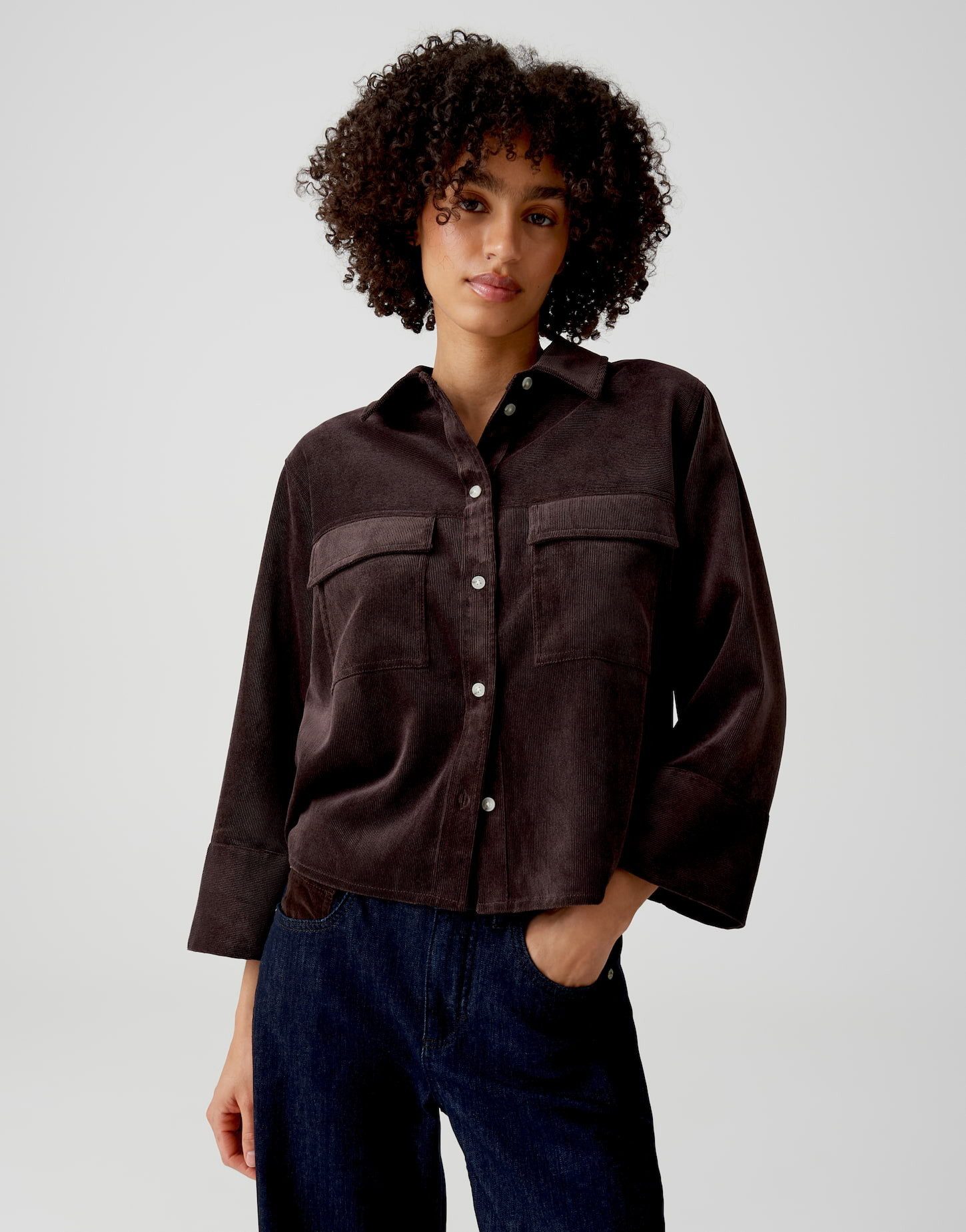 OPUS Langarmbluse aus Cord Regular Fit Pattentaschen