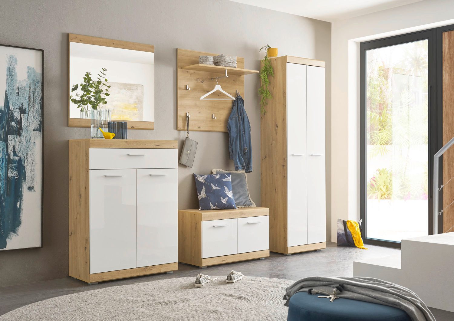 moebel-dich-auf Garderoben-Set NOVA, (Komplett-Set, Garderobenschrank + Paneel + Bank + Spiegel + Schuhkommode), in Artisan Eiche mit MDF Hochglanz Fronten