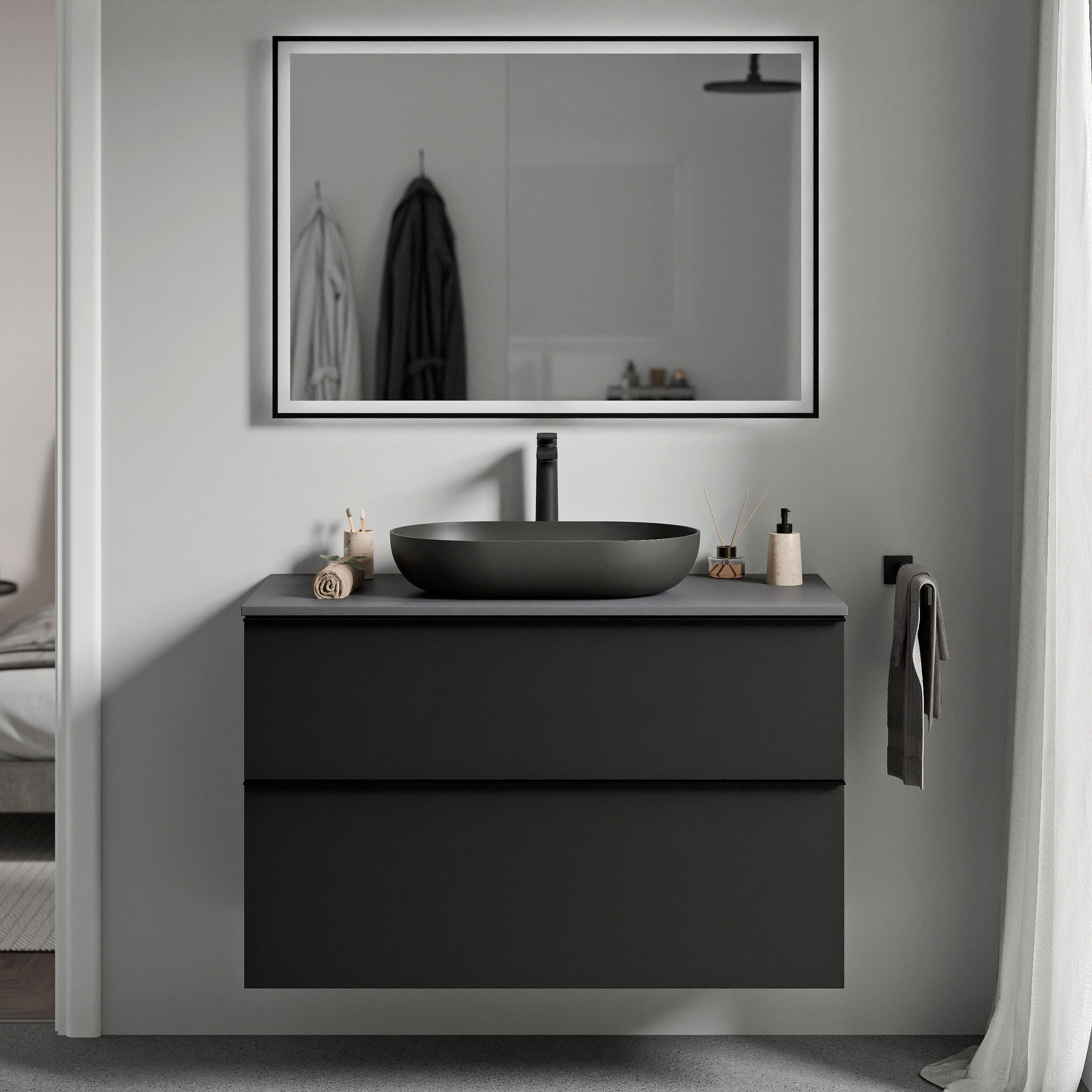 Bernstein Waschbeckenunterschrank LAVOA 80cm Schwarz matt Unterschrank Aufsatzbecken Platte Anthrazit matt Griff Schwarz matt