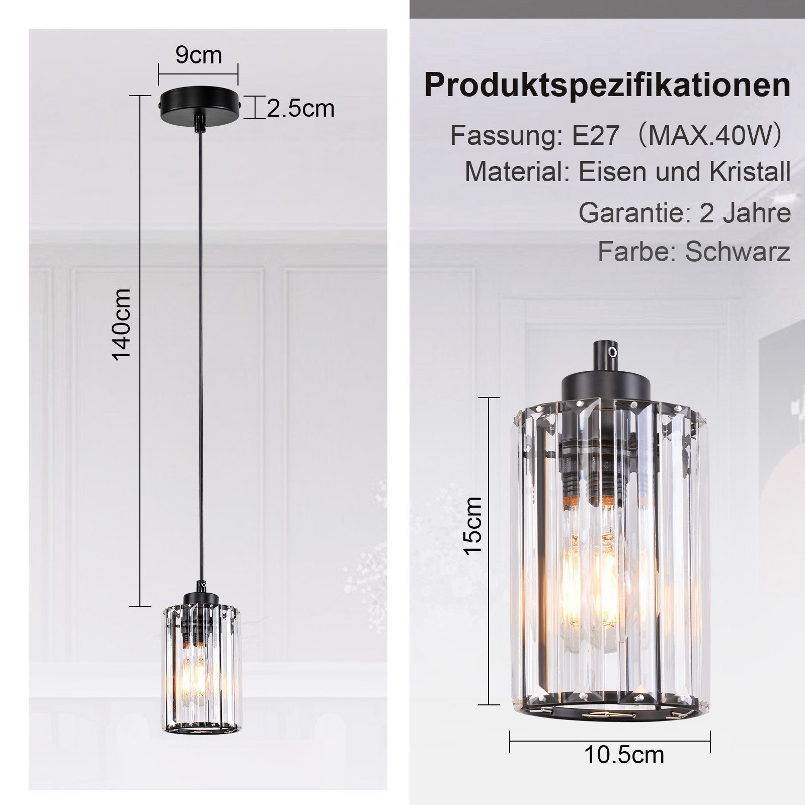 Nettlife Pendelleuchte Kristallglas 1flammig höhenverstellbare Esstischlampe im modernen E27, ohne Leuchtmittel, geeignet für Esstisch Wohnzimmer und Küche