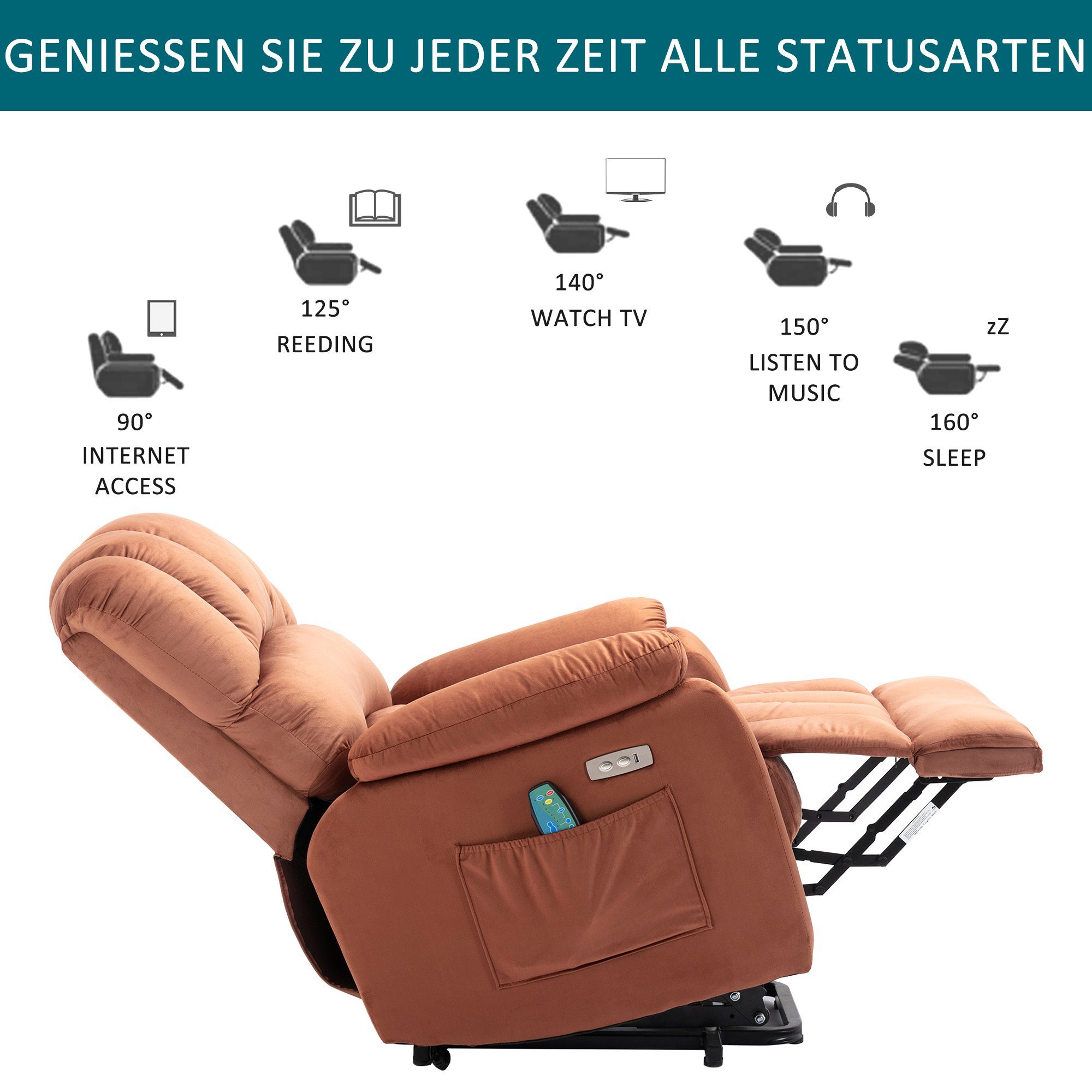 TV-Sessel (Fernsehsessel mit Aufstehhilfe, elektrisch Massagesessel mit Fernbedienung, bis 135 kg belastbar), Relaxsessel mit Liegefunktion, Wärmefunktion und Massagefunktion