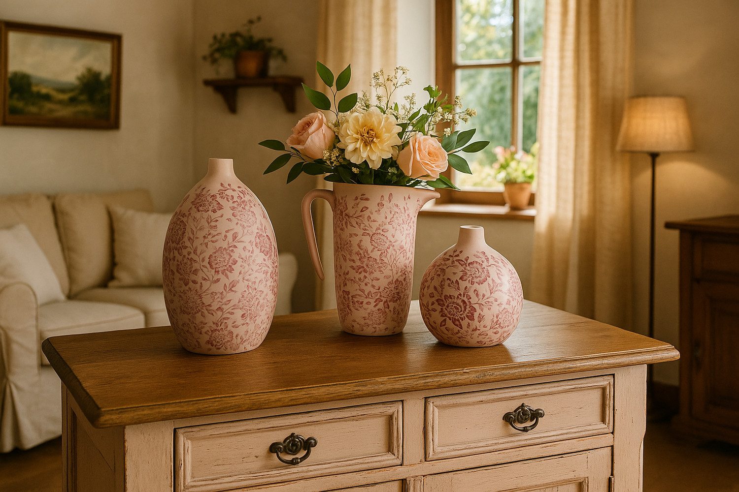 Vosteen Dekovase H19 cm rosa (1 St), Keramik Vase romantisch vintage Blumenmuster