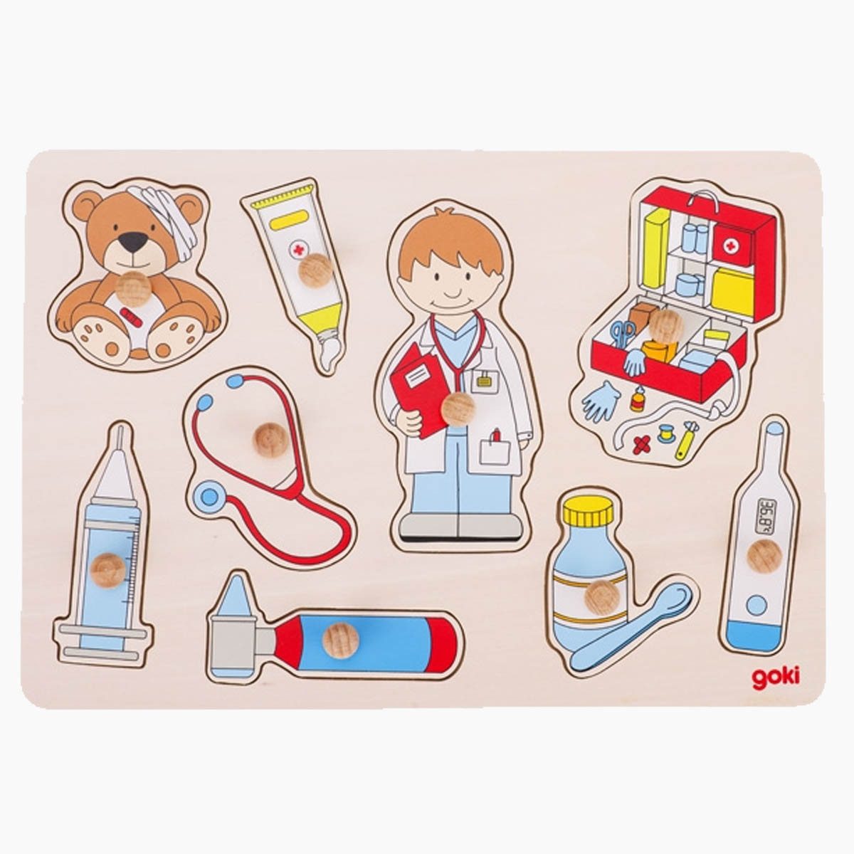 goki Steckpuzzle Steckpuzzle Besuch beim Arzt, 9 Puzzleteile, Mit kindgerechten Holzknöpfe