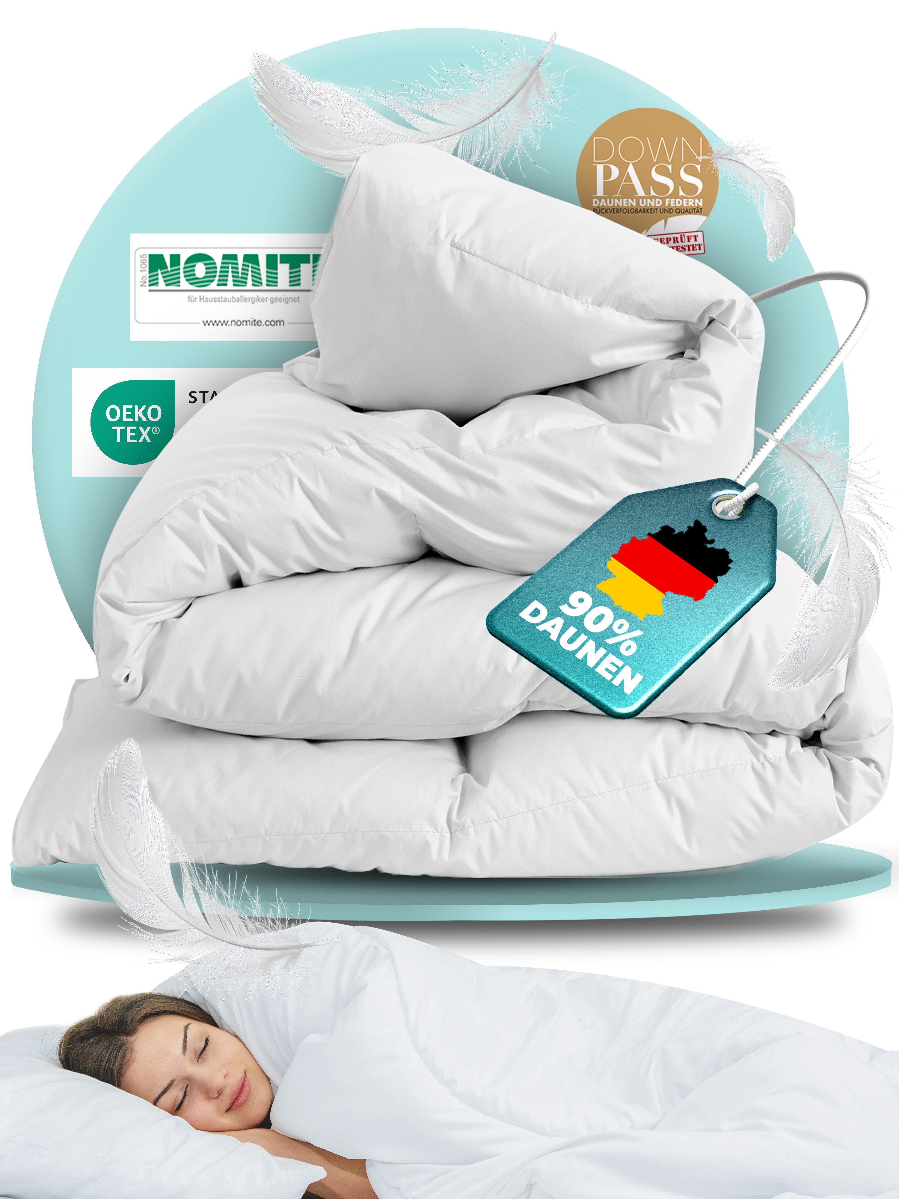 BEFA NATUR Daunenbettdecke 4-Jahreszeiten Daunenbettdecke – leichte Ganzjahresdecke mit Komfort, Füllung: 90% Daunen, 10% Federn, Bezug: Baumwolle, Daunenbettdecke für Sommer & Winter mit ausgeglichenem Schlafklima