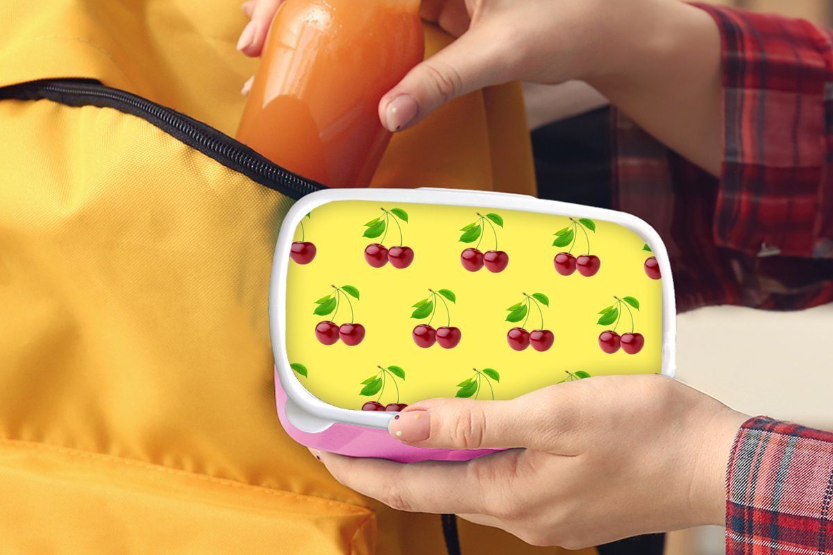 MuchoWow Lunchbox Kirschen - Rot Brotbox Brotdose Erwachsene, Mädchen, rosa - (2-tlg), Kunststoff, Snackbox, Muster, Kunststoff für Kinder