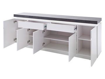 möbelando Sideboard Atlanta, Modernes Sideboard aus MDF-Platte in Matt-weiß lackiert und Oberboden in Beton-Nachbildung, inkl. effektvolle Infrarot LED Beleuchtung unter der 6 cm Oberplatte dimmbar mit Fernbedienung, Belastbarkeit max. 50 kg und Schubkasten max. 3 kg mit 2 Schubkästen, 3 kleinen Türen und 2 große Türen. Breite 200 cm, Höhe 80 cm, Tiefe 40 cm.