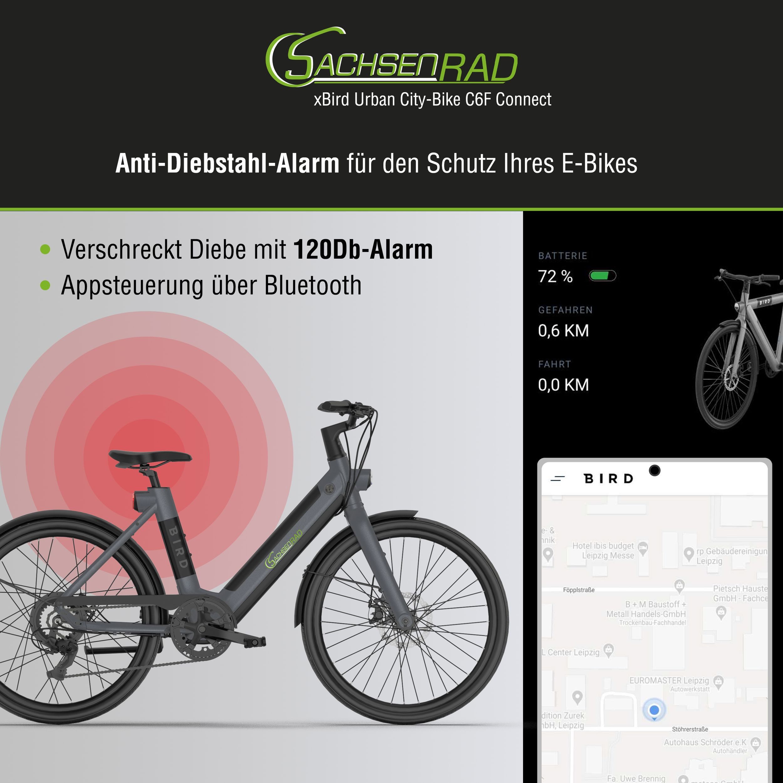 SachsenRAD E-Bike Cityrad SachsenRAD xBird Urban E-City-Bike C6F Connect, 7 Gang Shimano, Kettenschaltung, Heckmotor, 348 Wh
