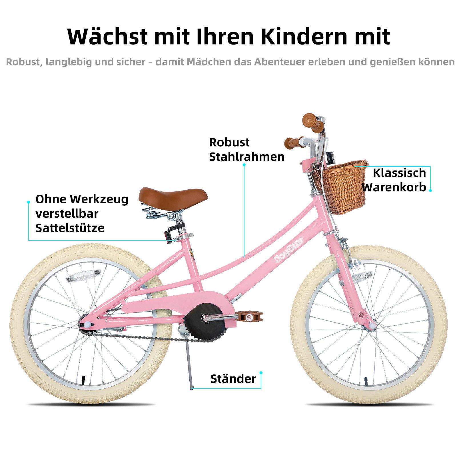 JOYSTAR Kinderfahrrad 12/14/16/18/20 Mädchenfahrrad für 2-13 Jahre alte Kinder, 12" 14" 16" Kinderfahrrad mit Stützrädern & Korb, 20 Zoll mit Ständer