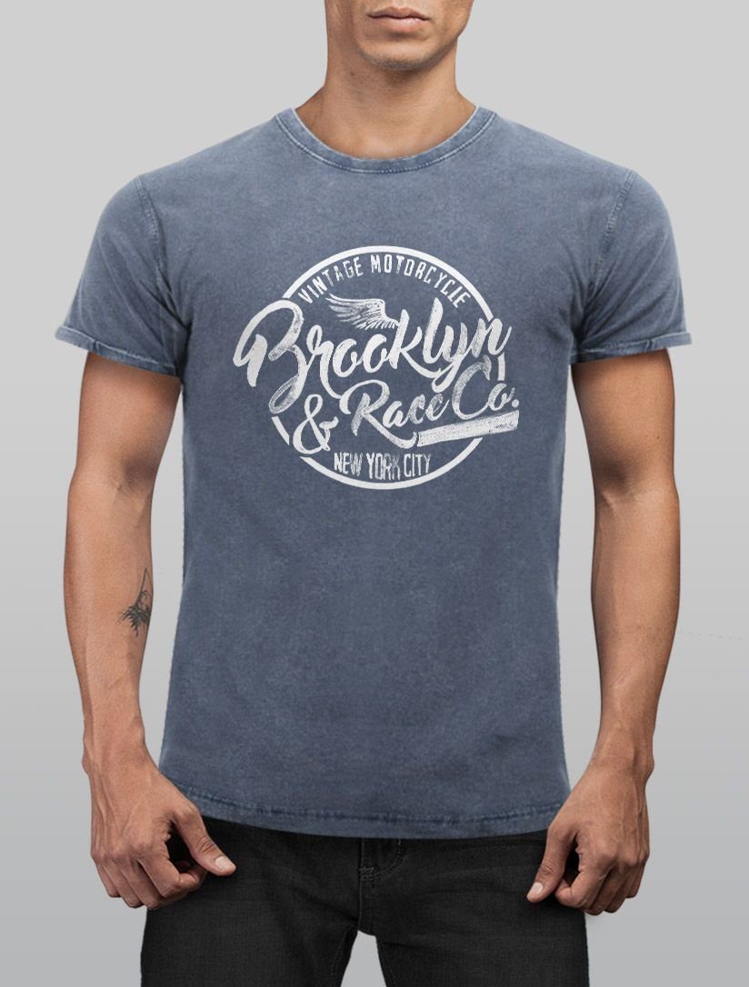 Print-Shirt blau Neverless Print Angesagtes T-Shirt Shirt mit Used Neverless® Look Brooklyn Herren Fit Slim Vintage Cooles Racing