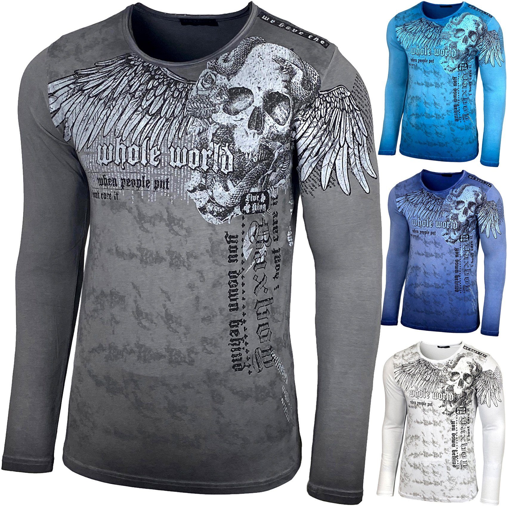 Longshirt BAXBOY Herren Rundhals Longsleeve Langarmshirt Aufdruck Washed 709