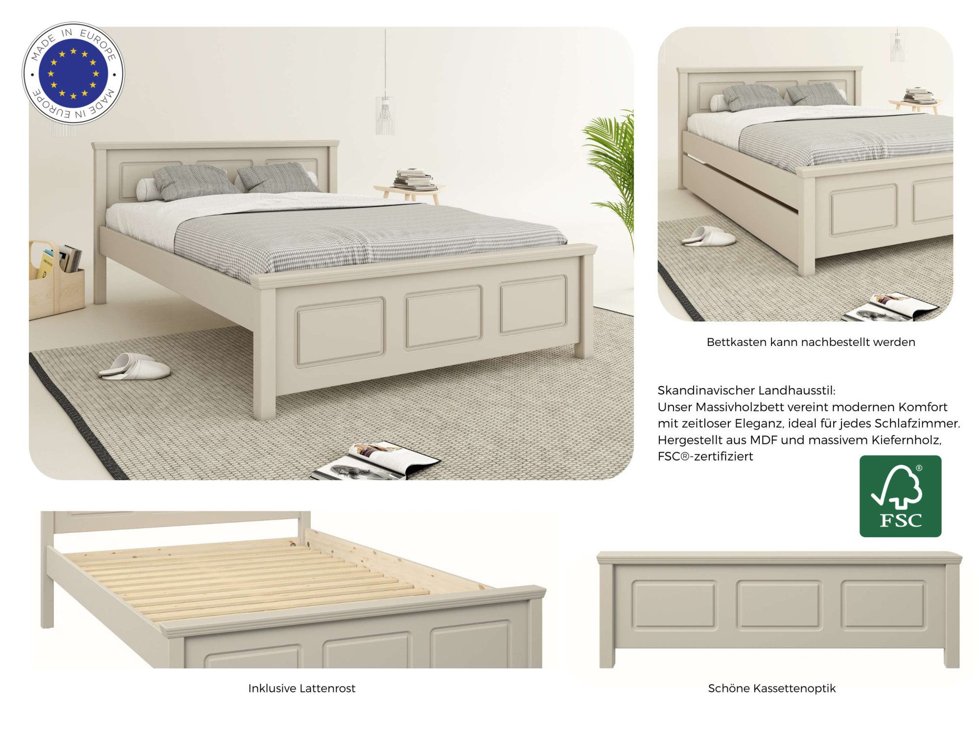OTTO home Massivholzbett ERIKK', Made in Europe, optional mit Schublade, Massivholz Kiefer (FSC® zertifiziert), in mehreren Größen, Landhausstil mit Kassettenoptik