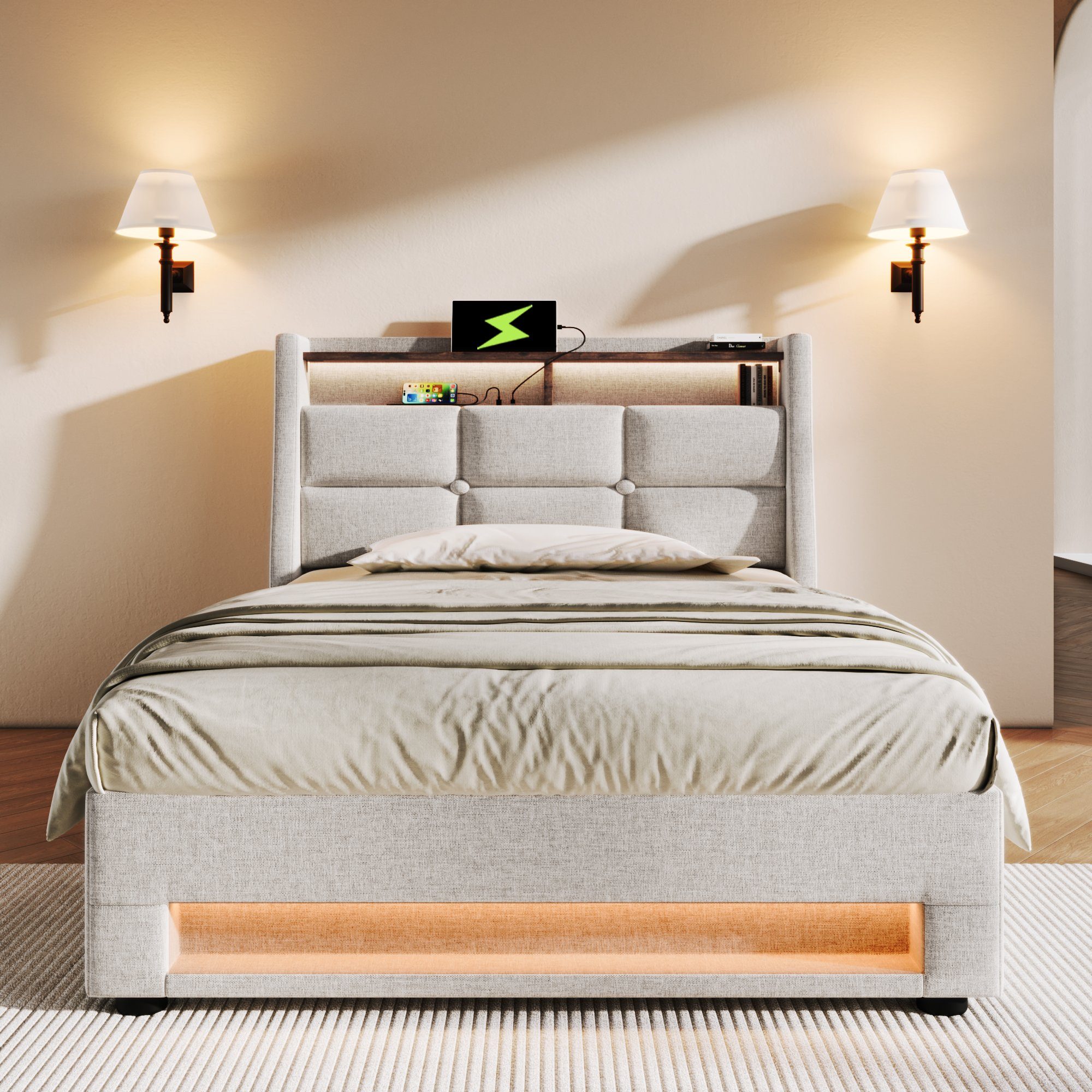 Flieks Polsterbett, Baumwolle-Leinen Bezug Stauraumbett mit USB-Anschluss und LED 90x200cm