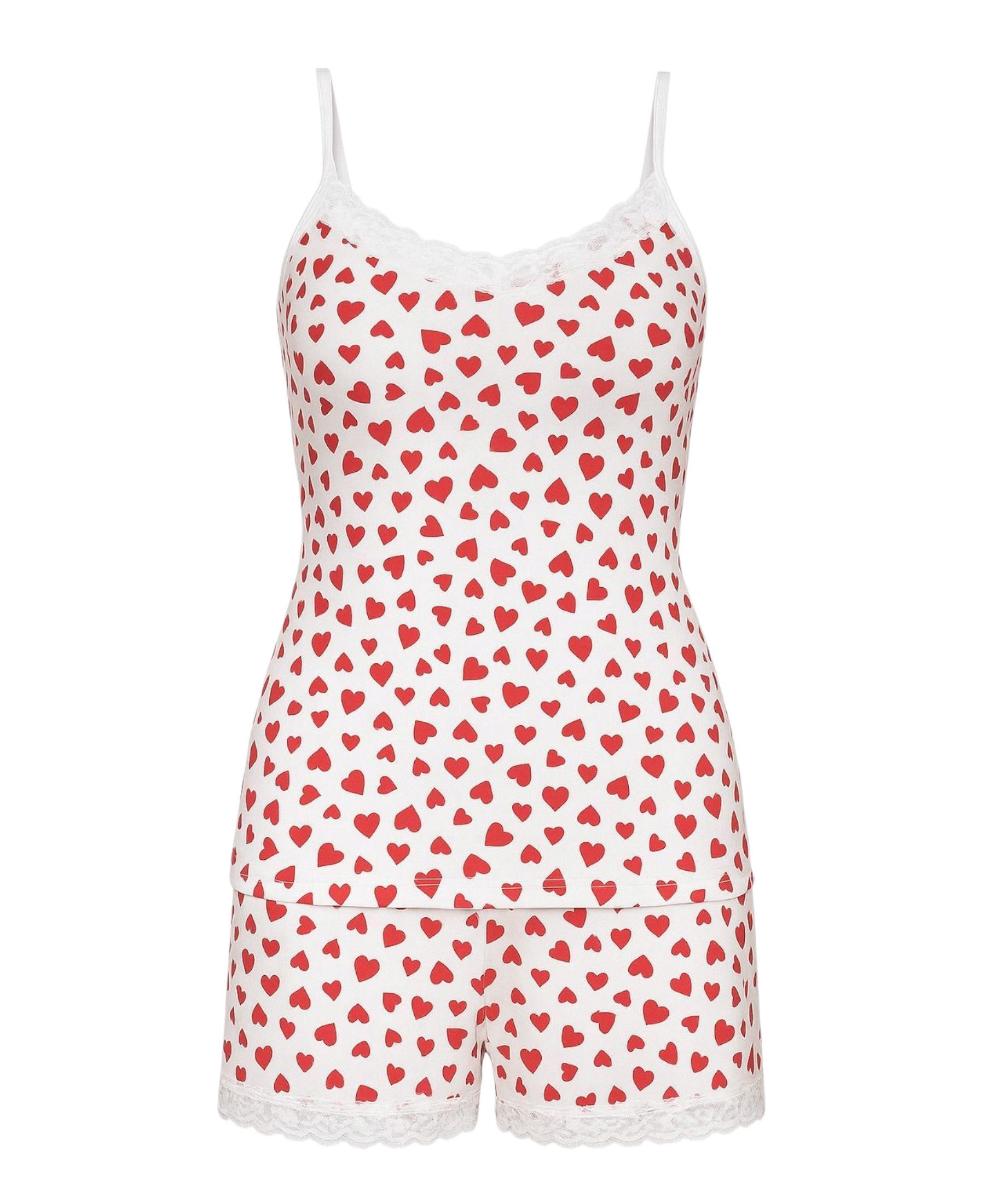Pyjama Damen Viskose Hausanzug Schlafanzug mit Shorts & Top, weiß Herz-Design