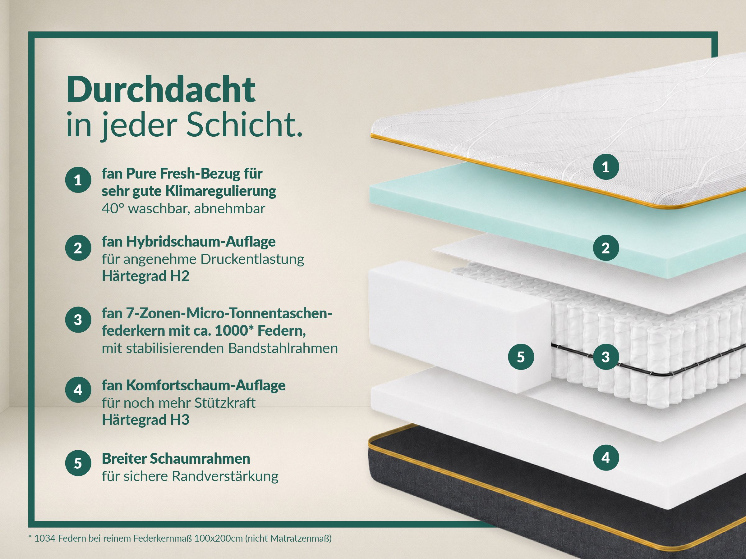 Taschenfederkernmatratze fan Flexible Duo T, Matratze 90x200 cm, 140x200 cm & mehr, in H2/H3, fan, 22 cm hoch, Wendematratze mit Pure Fresh-Bezug, 1034 Federn ( – Bild 5 von 5
