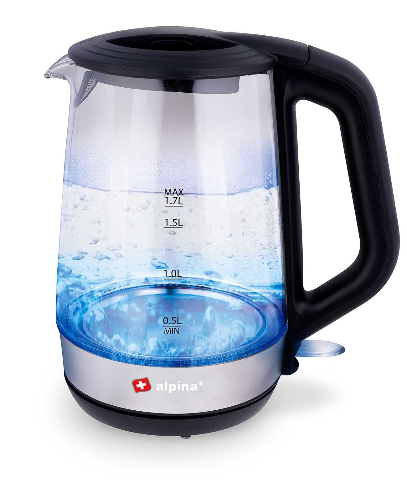 *Alpina* Wasserkocher aus Glas und Edelstahl, 1.7 l, 2200 W, Wasserkocher mit LED Beleuchtung