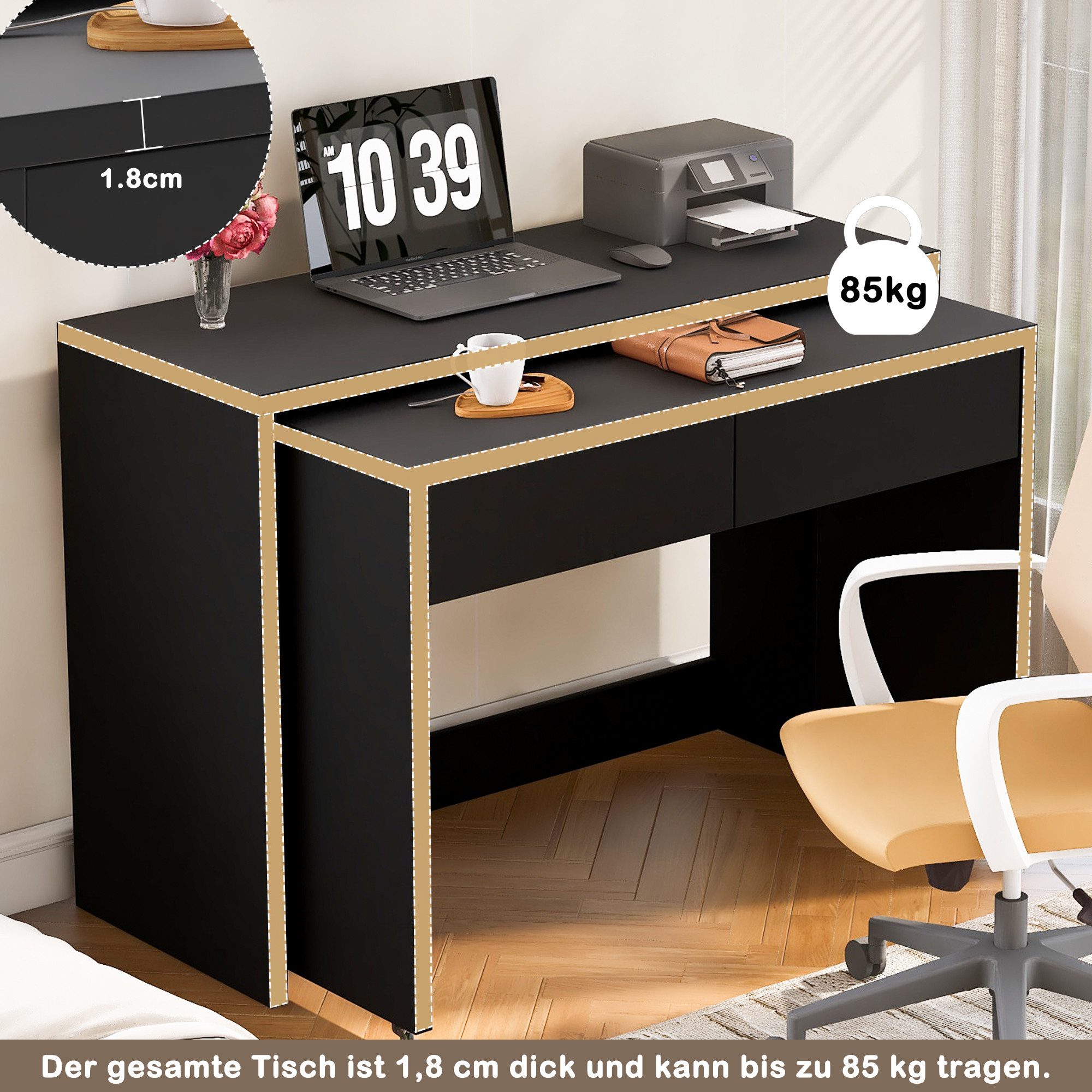 Merax Schreibtisch 2-in-1 ausziehbarer Kompaktschreibtisch (110×40×78 cm, 1-St., platzsparend & multifunktional, für kleine Wohnungen & Homeoffice), Faltbarer Regalschreibtisch Kommode mit Rollen, flexibel kombinierbar