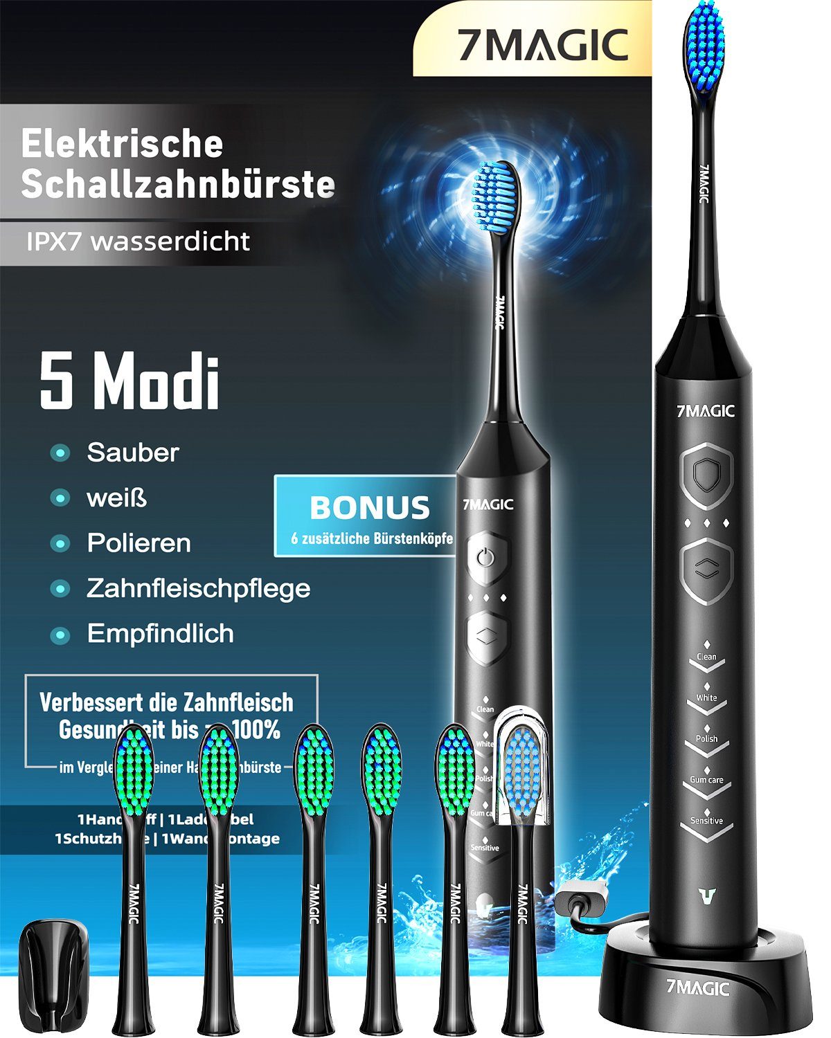 7MAGIC Elektrische Zahnbürste D36 Schallzahnbürste für Zahnpflege, mit 5 modi 3 Vibrationsstärken, Aufsteckbürsten: 6 St., Electric toothbrush für Erwachsene,Zähne reinigen wie ein Zahnarzt, Reise Zahnbürsten mit 6 Zahnbürstenkopf, Timer