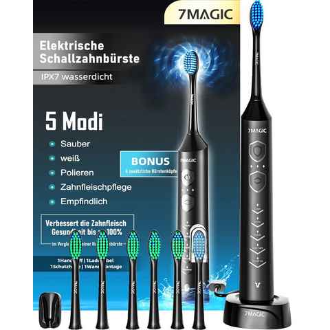 7MAGIC Elektrische Zahnbürste D36 Schallzahnbürste für Zahnpflege, mit 5 modi 3 Vibrationsstärken, Aufsteckbürsten: 6 St., Electric toothbrush für Erwachsene,Zähne reinigen wie ein Zahnarzt, Reise Zahnbürsten mit 6 Zahnbürstenkopf, Timer