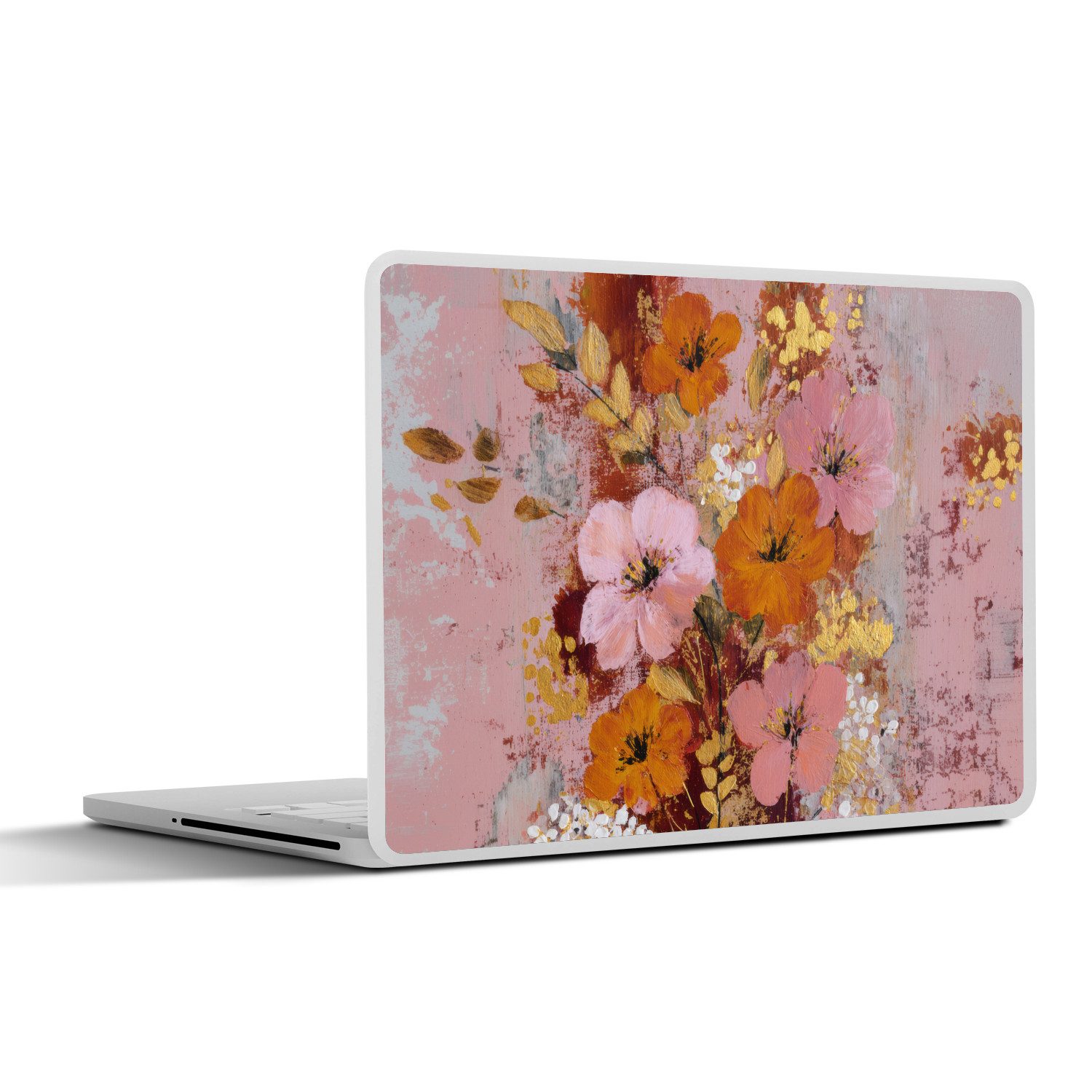 MuchoWow Laptop-Aufkleber Malerei - Blumen - Rustikal - Rosa, (1tlg), Laptop Folien Cover, Aufkleber, Sticker, Schutz vor Kratzern, 25x18 cm