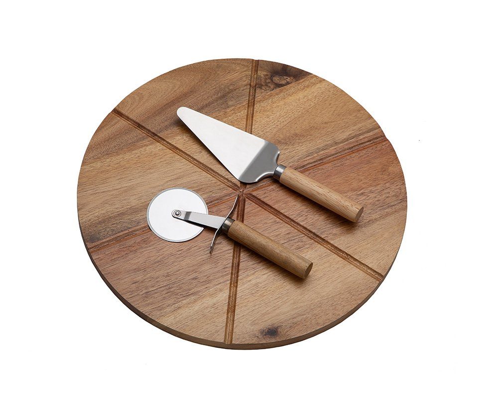 Michelino Pizzaschneidebrett Servierbrett Pizza Kuchen Holzbrett  Pizzaunterlage Pizzaschneider Set, Holz, (perfekte Portionierung durch  Kerben im Brett, 3-St., Brettdurchmesser 35 cm, Höhe 1,5 cm), mit Heber und  Schneider