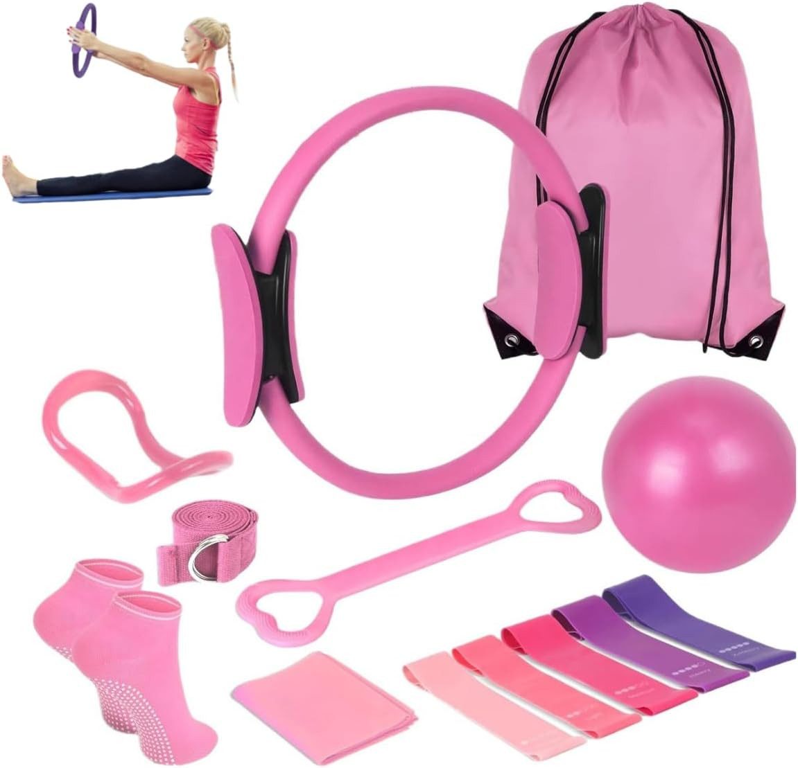 SpionProfi Pilates-Ring Pilates Set 13-tlg + Ring Band Ball & Anti-Rutsch-Sochen Fitness Gerät, 13-teiliges Pilates-Set mit Ring, Ball und Widerstandsbändern