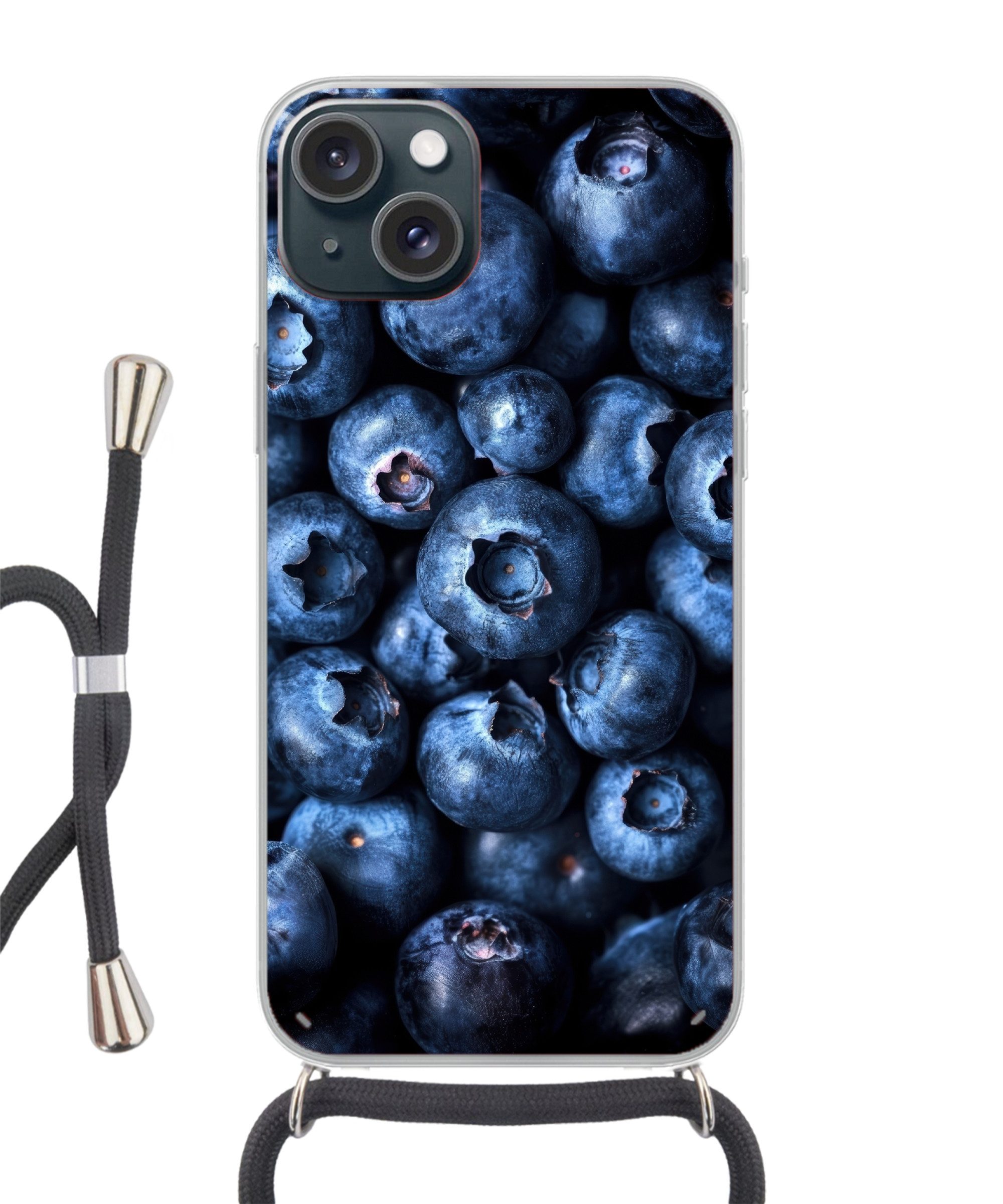 MuchoWow Handyhülle für Apple iPhone 15 Beeren - Blau - Obst, Tragbare Handyhüllen mit Kette zum umhängen, Handykette Handyband