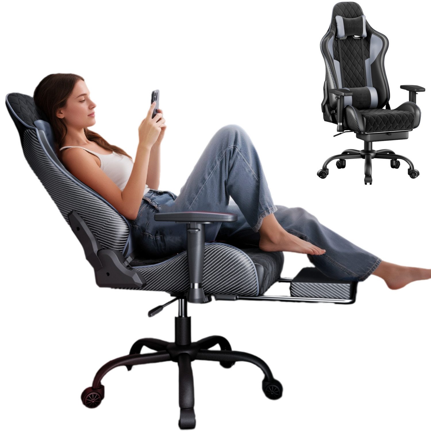 Seenda Gaming-Stuhl Ergonomischer Bürostuhl Gaming-Stuhl Vollmetall-Rahmen bis 150 kg, 110°-Krümmung, verstellbare Kissen, 145° Neigung + Fußstütze
