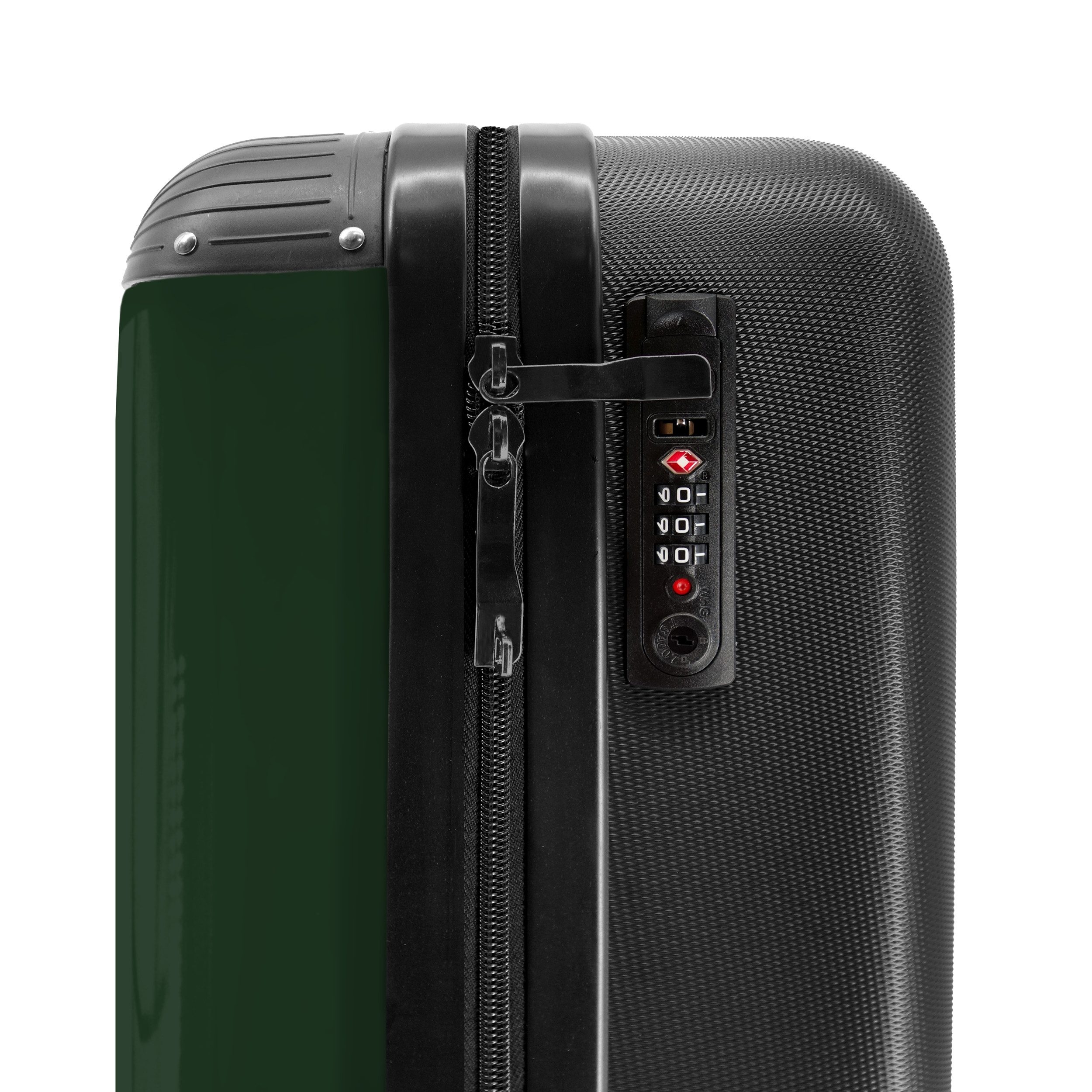 NoBoringSuitcases.com© Hartschalen-Trolley Dunkelgrüner Hintergrund mit doppelten weißen Seitenstreifen auf der l, 4 Rollen, Reisetasche mit Rollen, Koffer Handgepäck Flugzeug