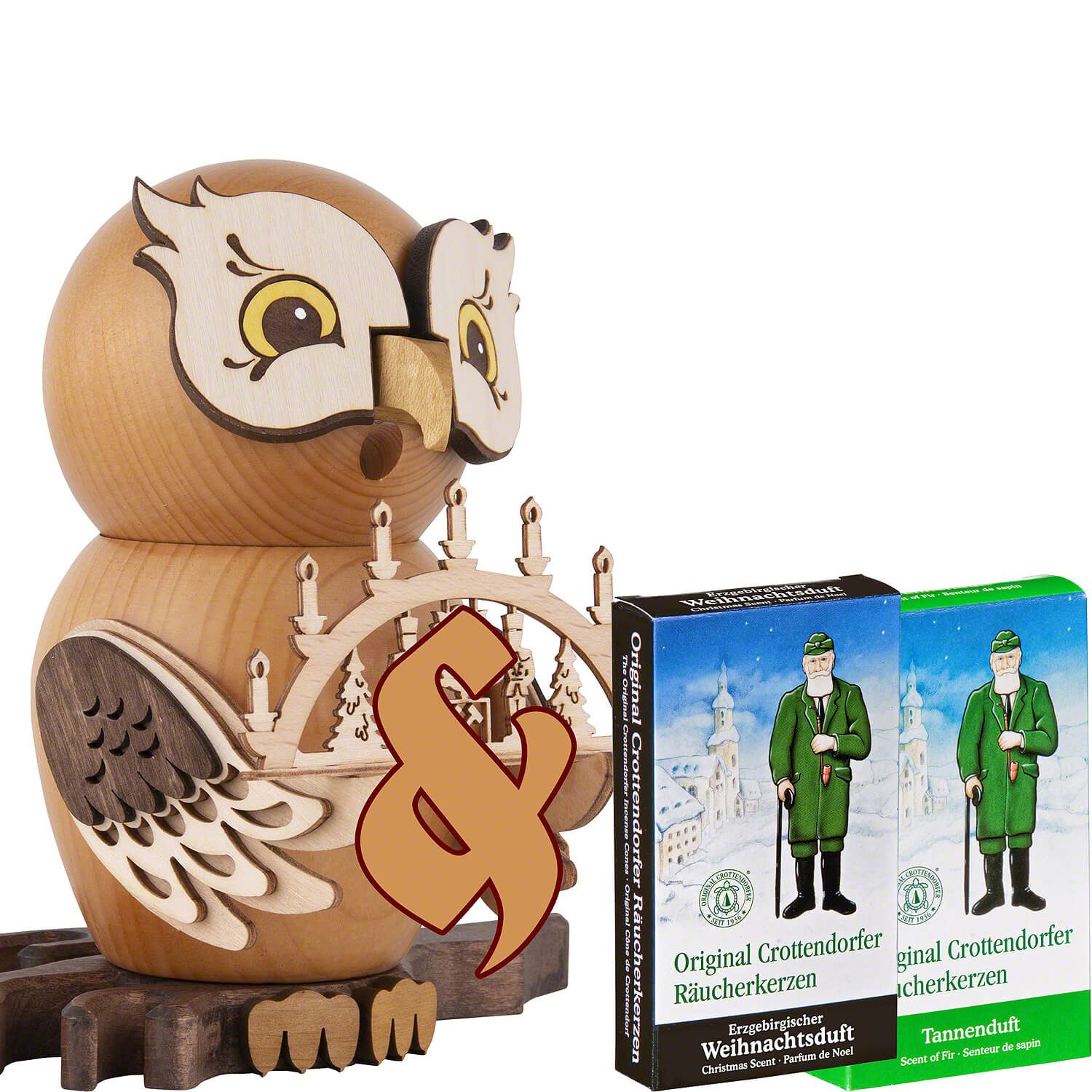 Erzgebirge-Palast Räuchermännchen Set Räuchereule mit Schwibbogen und zwei Packungen Räucherkerzen von E