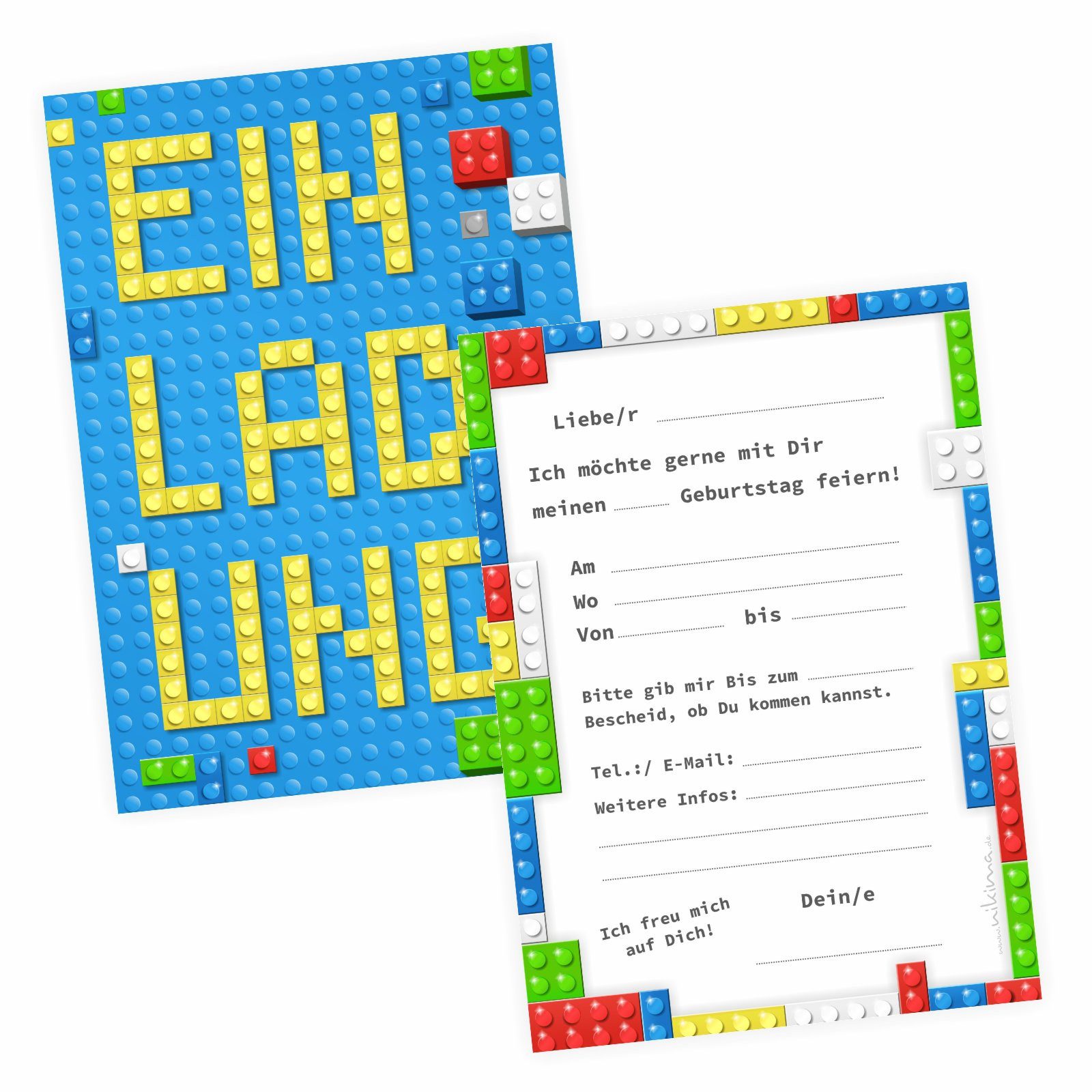 nikima Einladungskarten 10 Einladungskarten mit Glanzlack bunte Bausteine für Kindergeburtstag