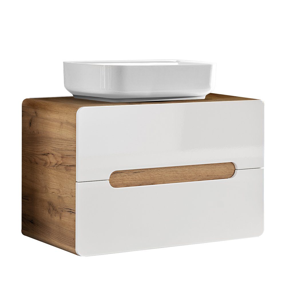 Lomadox Badmöbel-Set LUTON-56, (Spar-Set, 2-St), Eiche Nb. mit Keramik-Waschtisch und LED-Spiegelschrank 80/195/46 cm